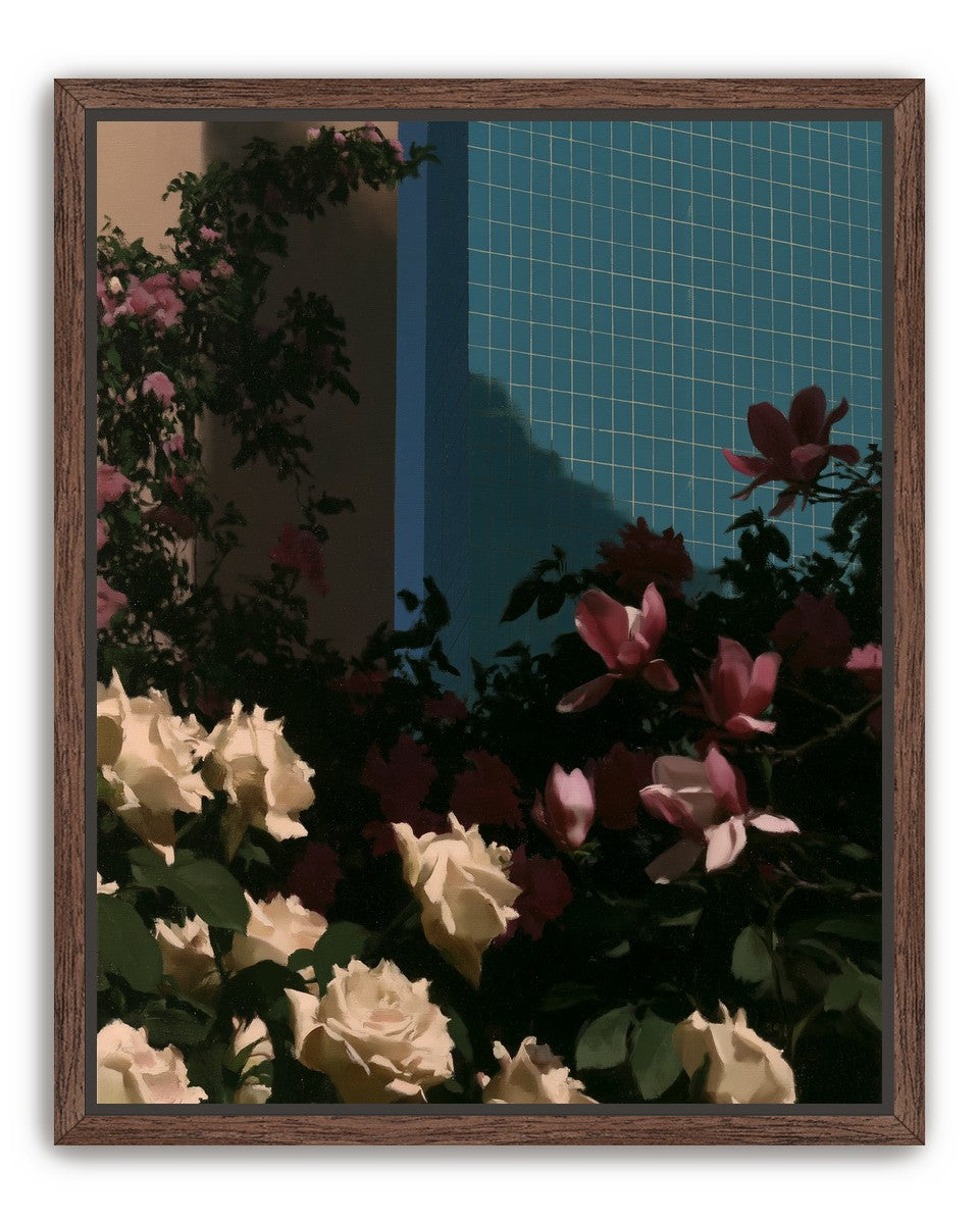 Flowers beneath the tiled wall