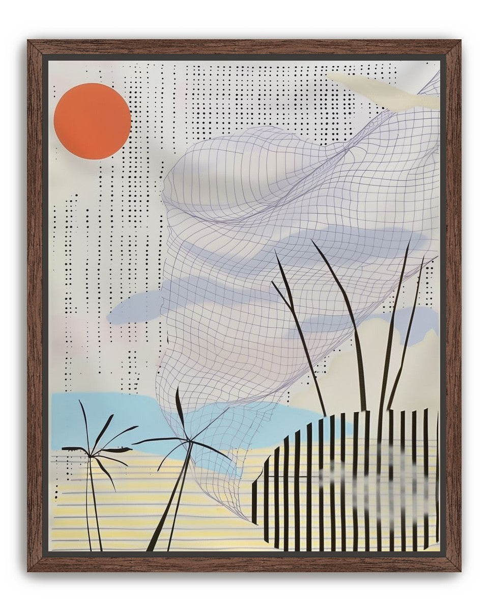 Orange sun over the gridded cloud