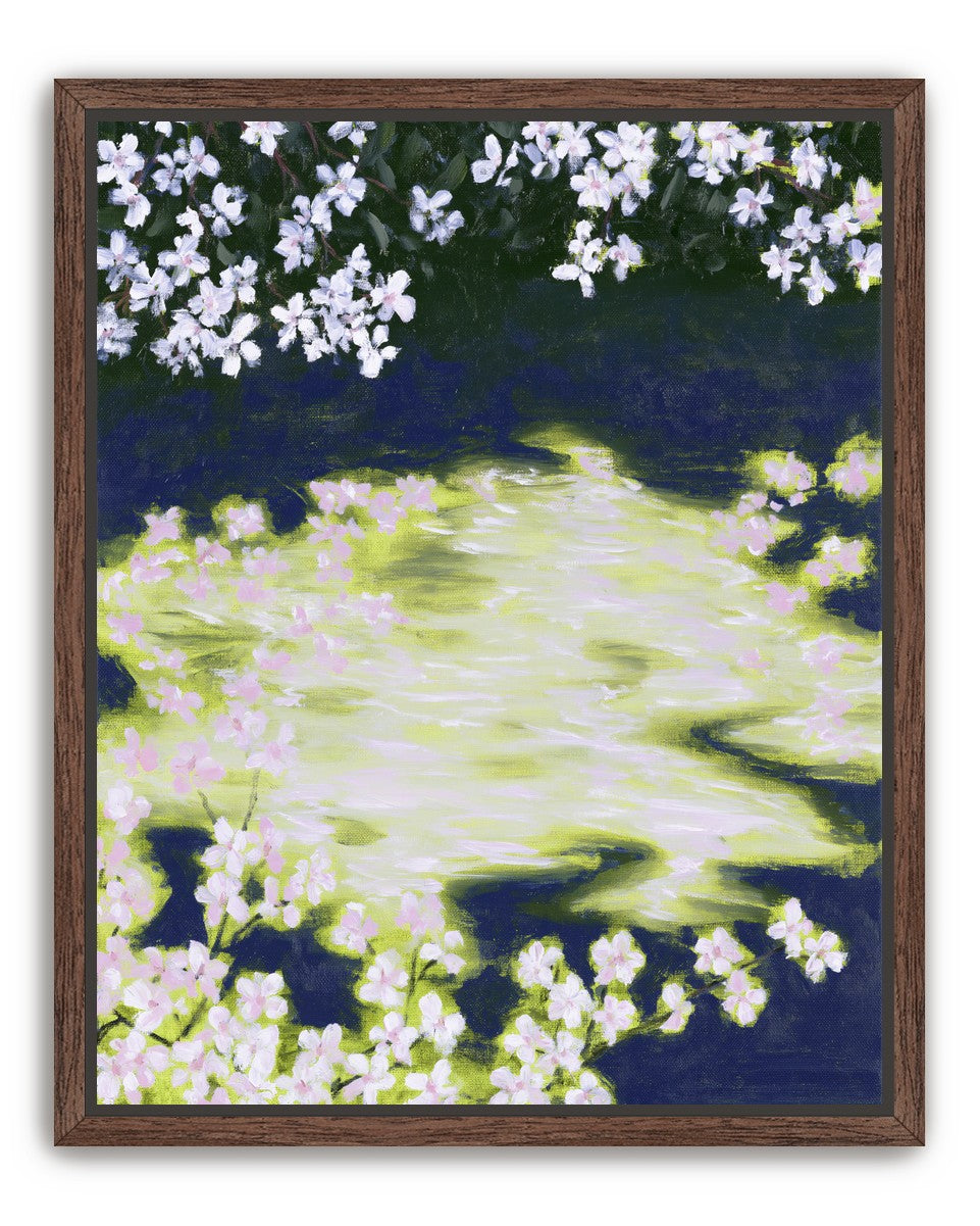 Petals crossing the bright water