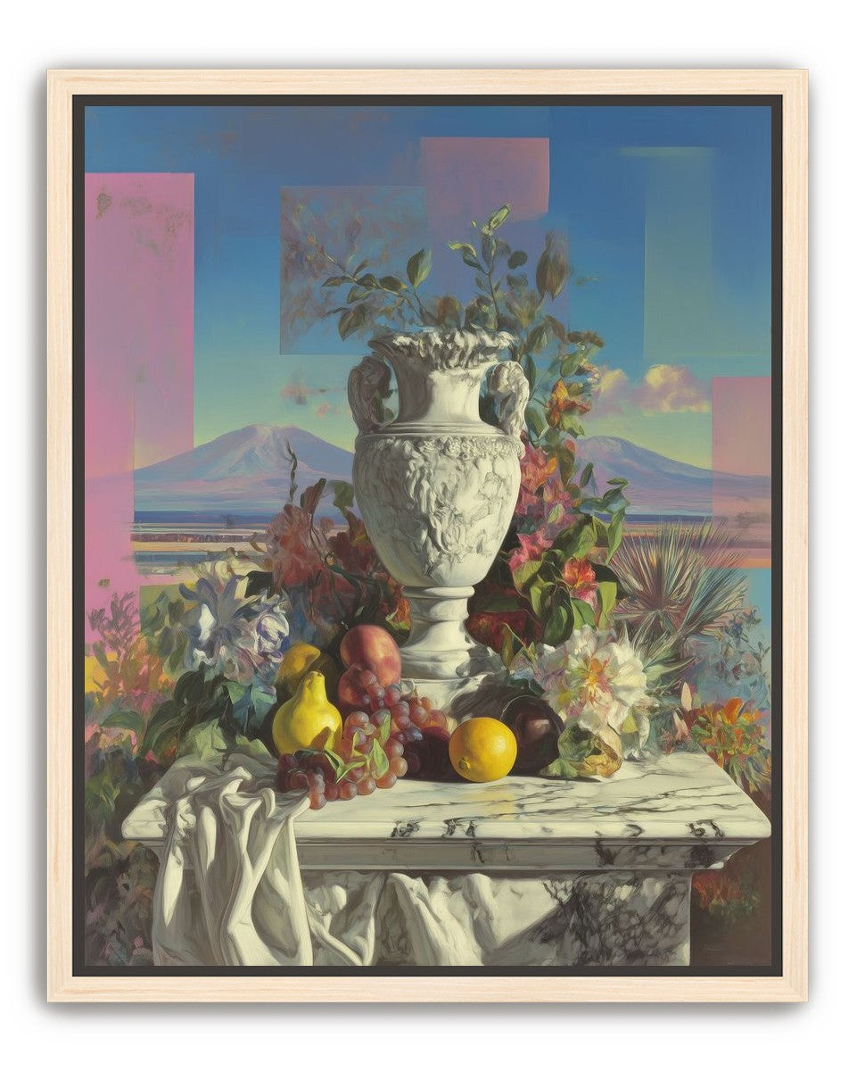 Urn and fruit before mountains