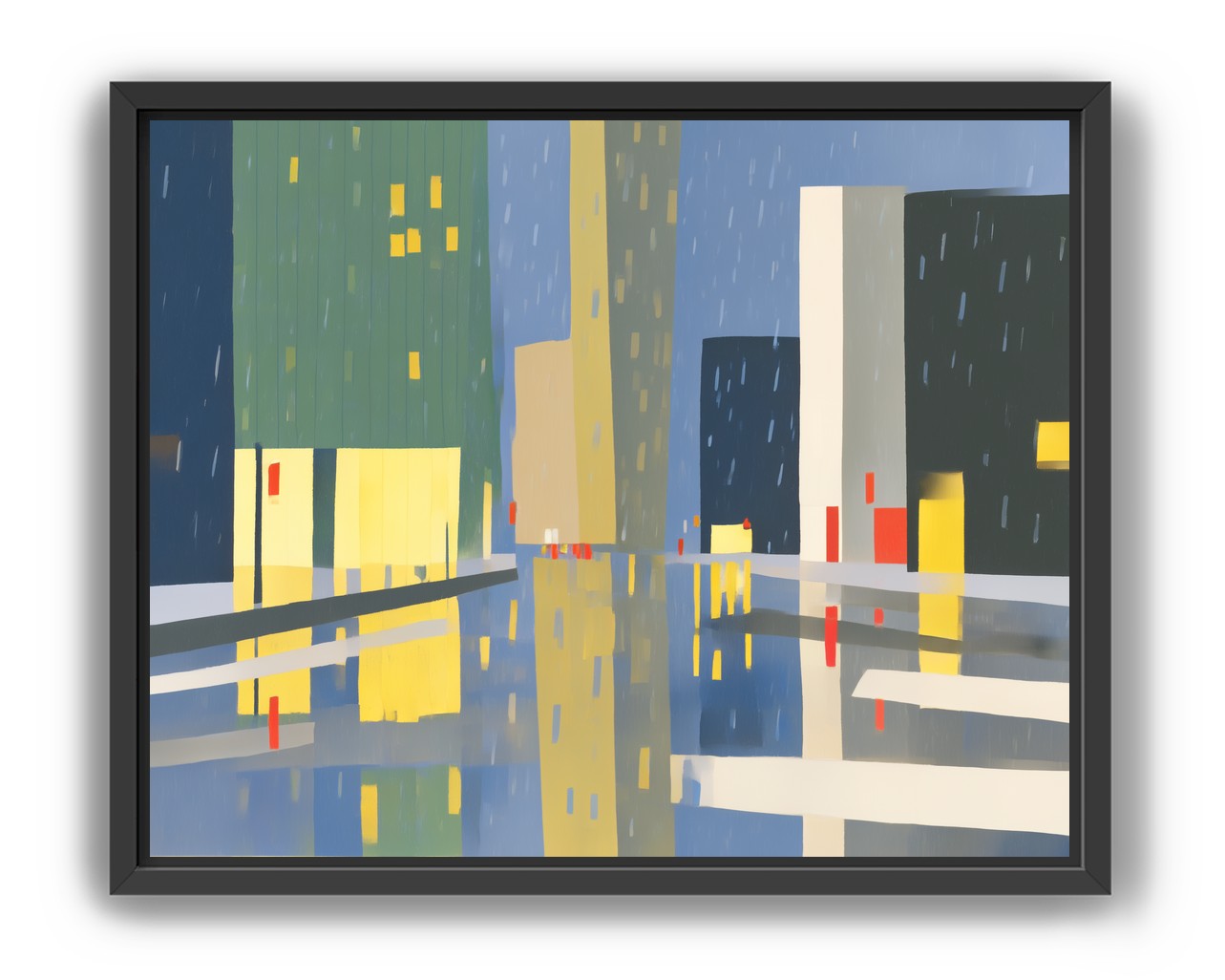 Yellow windows on wet blue street