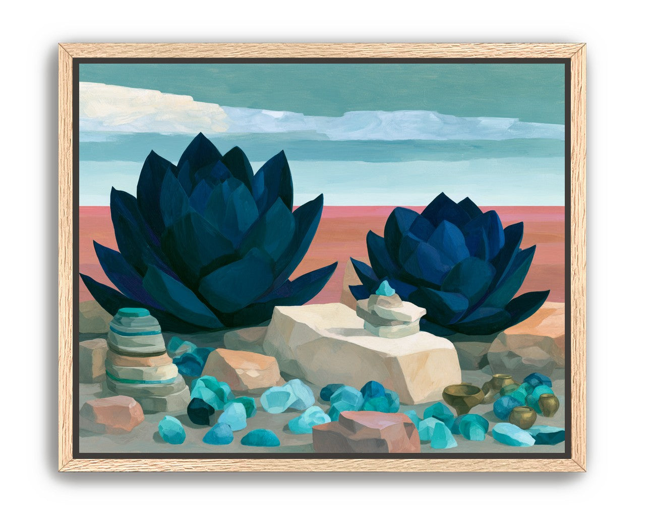 Deep blue blooms on coral ground
