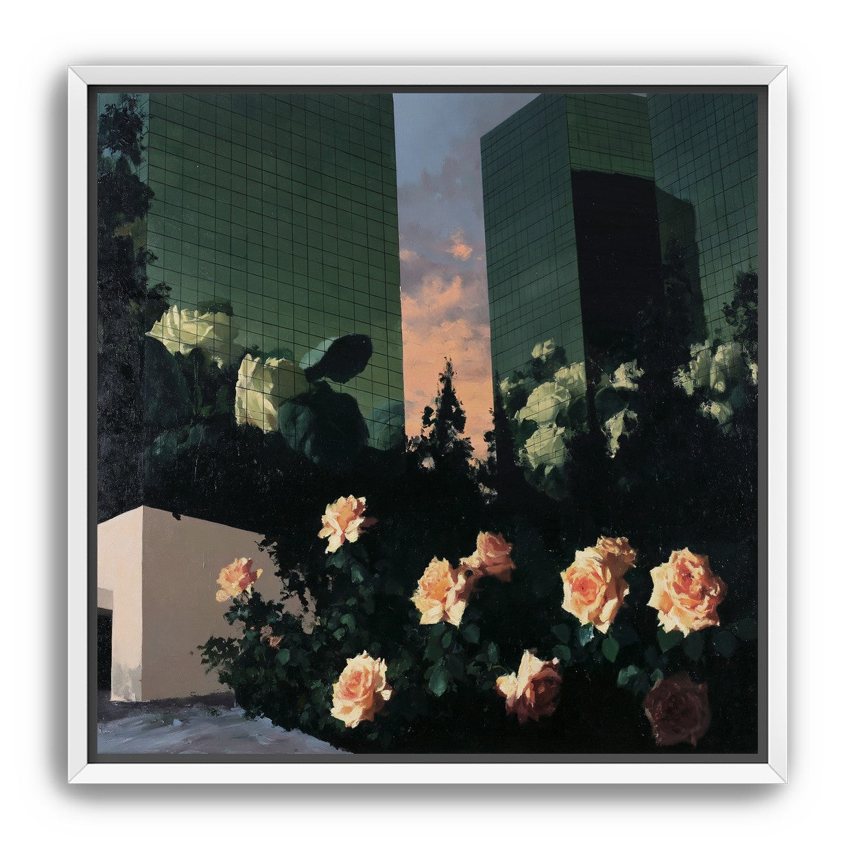 Roses under green towers