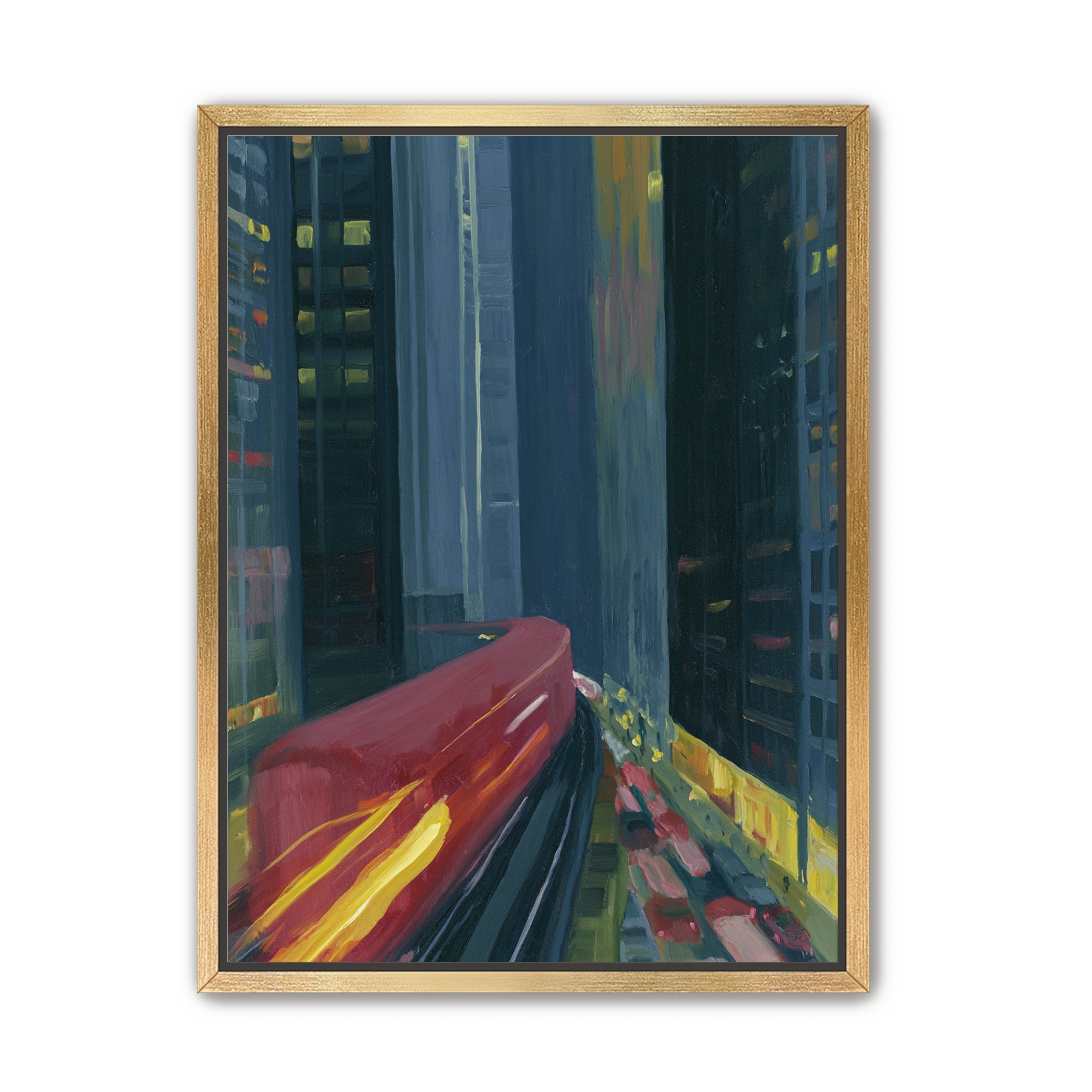 Red train in blue towers