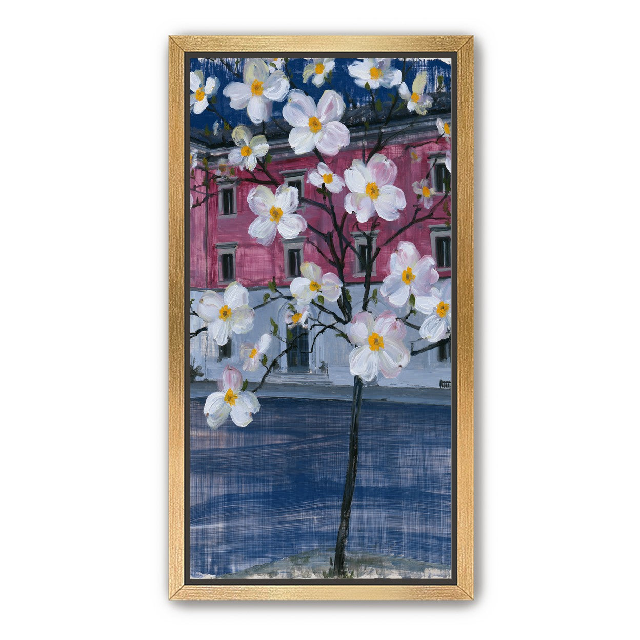 White blossoms over the pink house