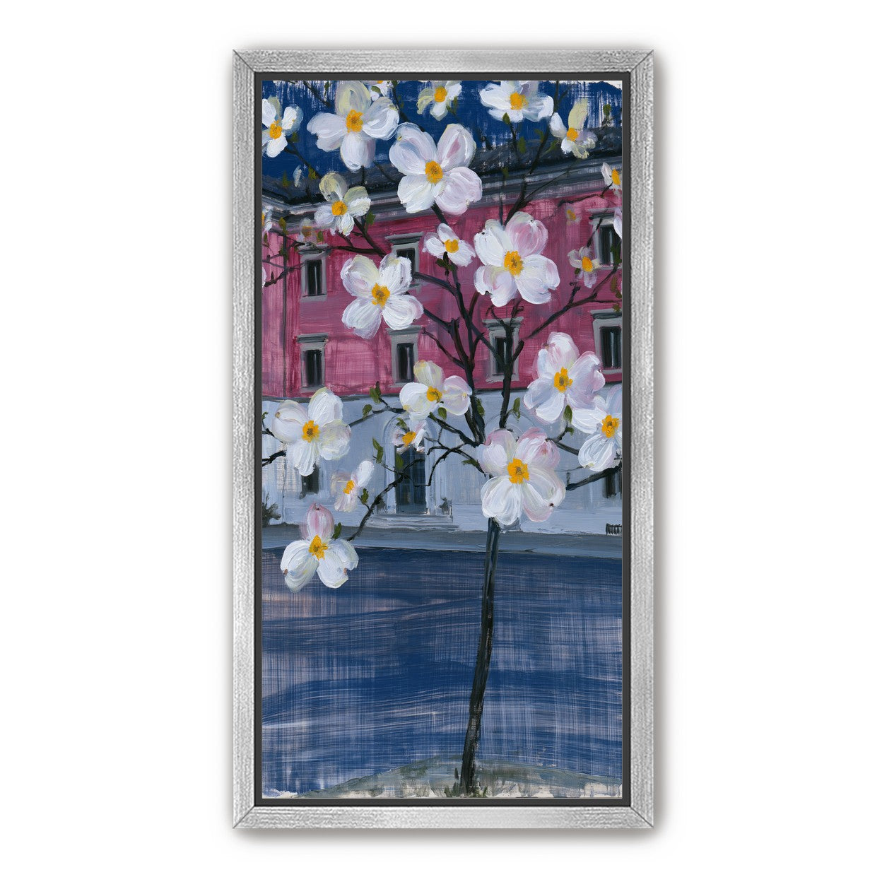 White blossoms over the pink house
