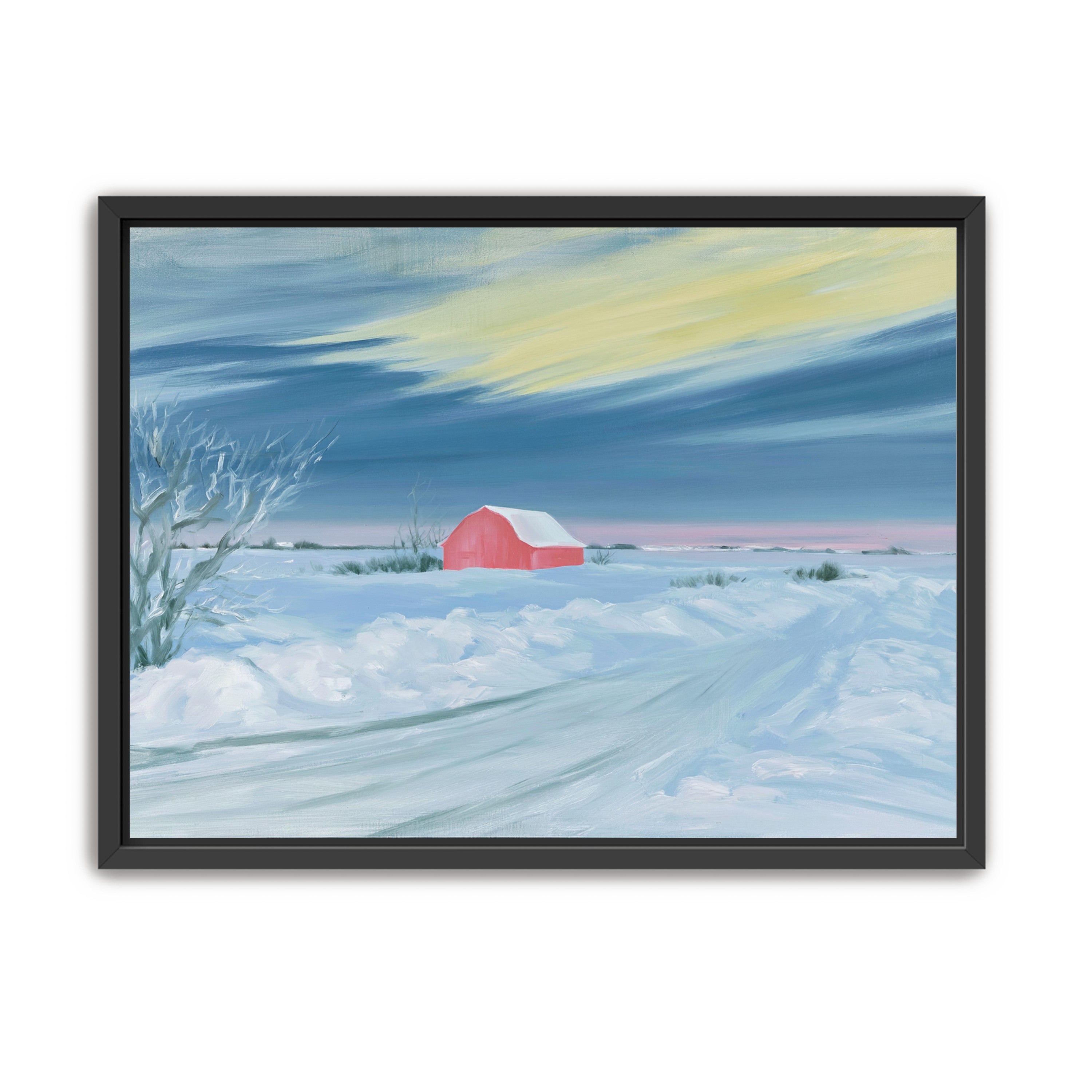 Red barn beneath winter sky