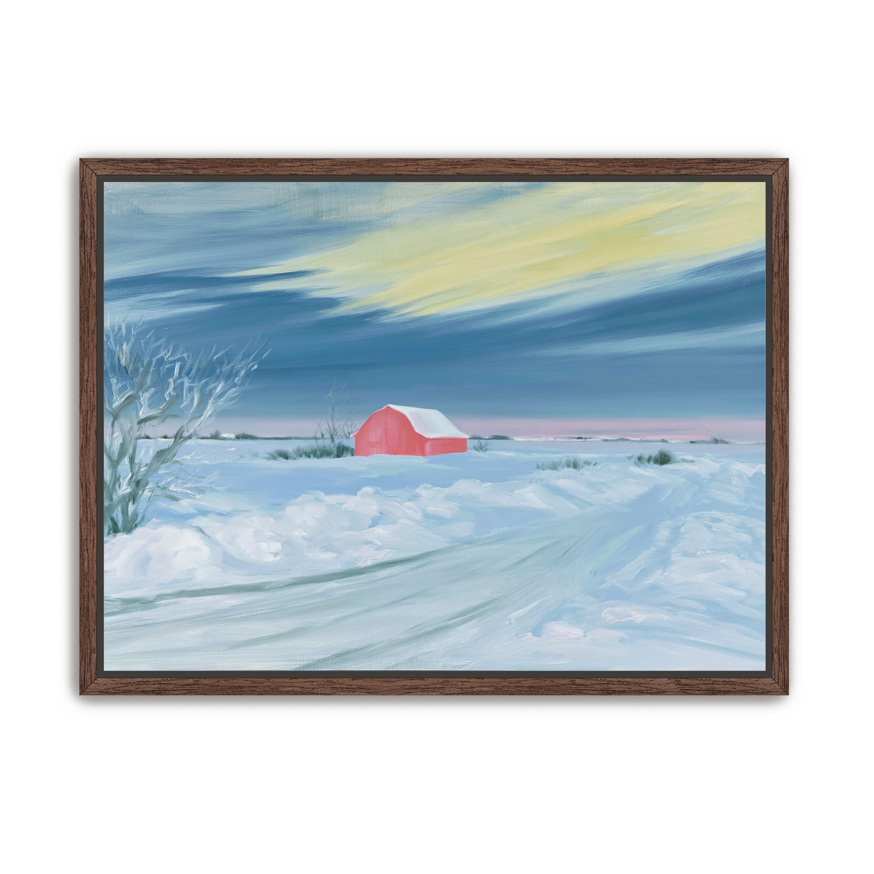 Red barn beneath winter sky