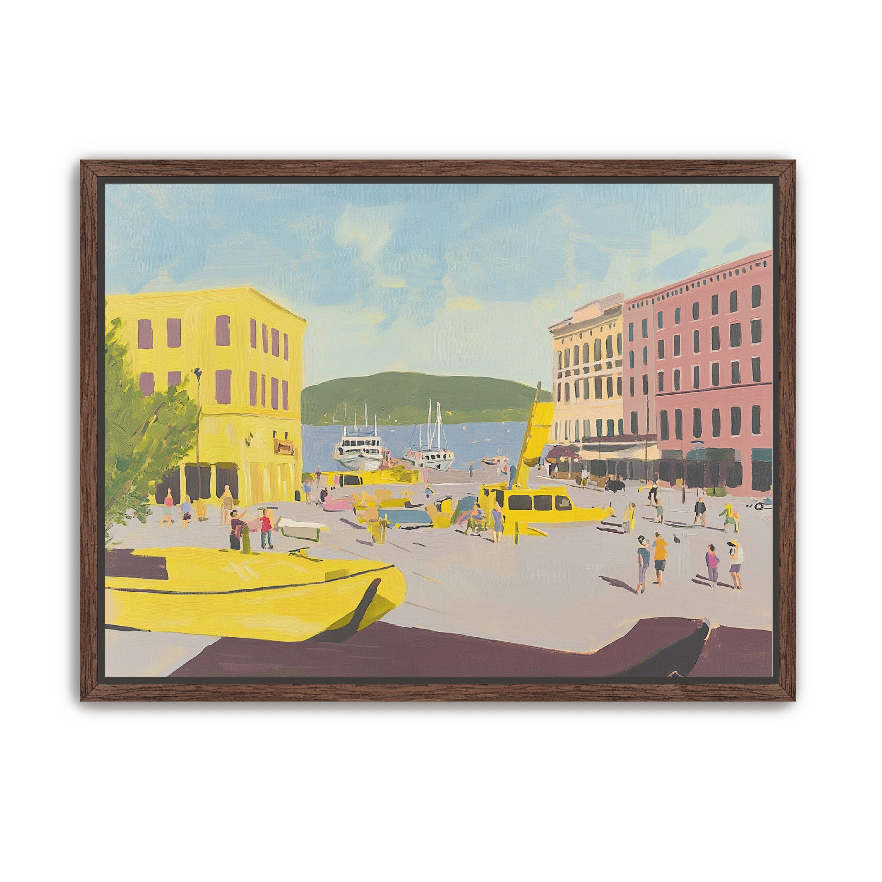 Yellow boats among pastel buildings