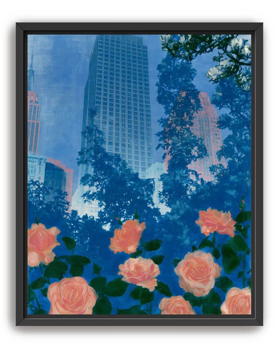 Pink roses below skyscrapers