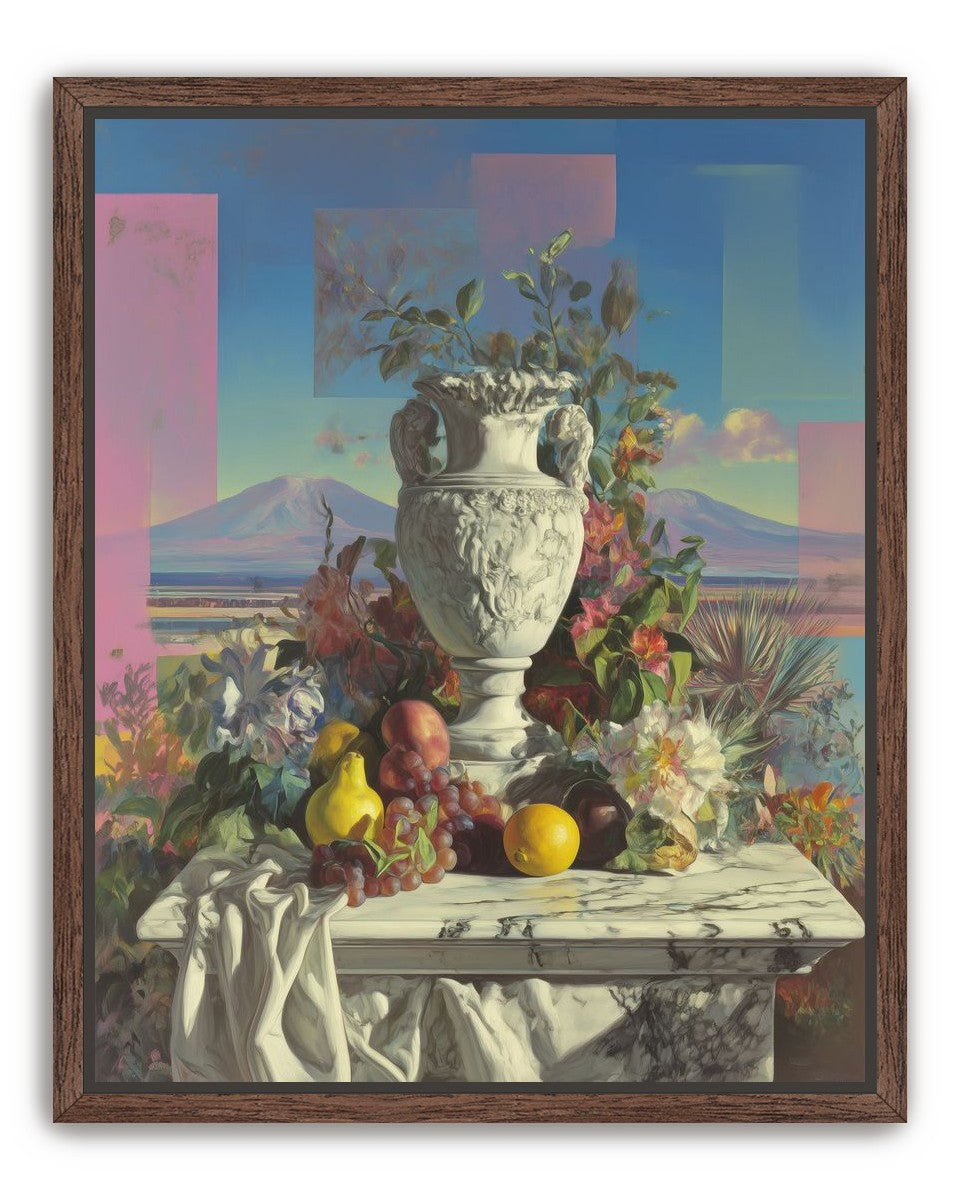 Urn and fruit before mountains