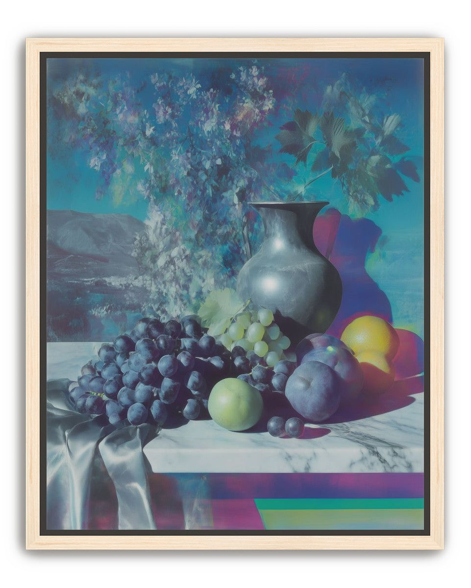 Vase and fruit in blue haze