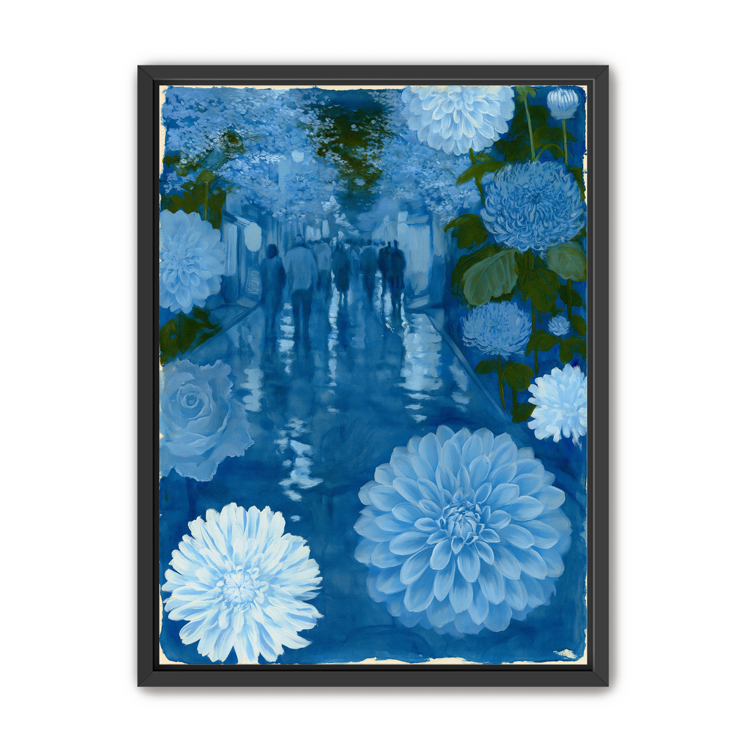 Blue street with flowers