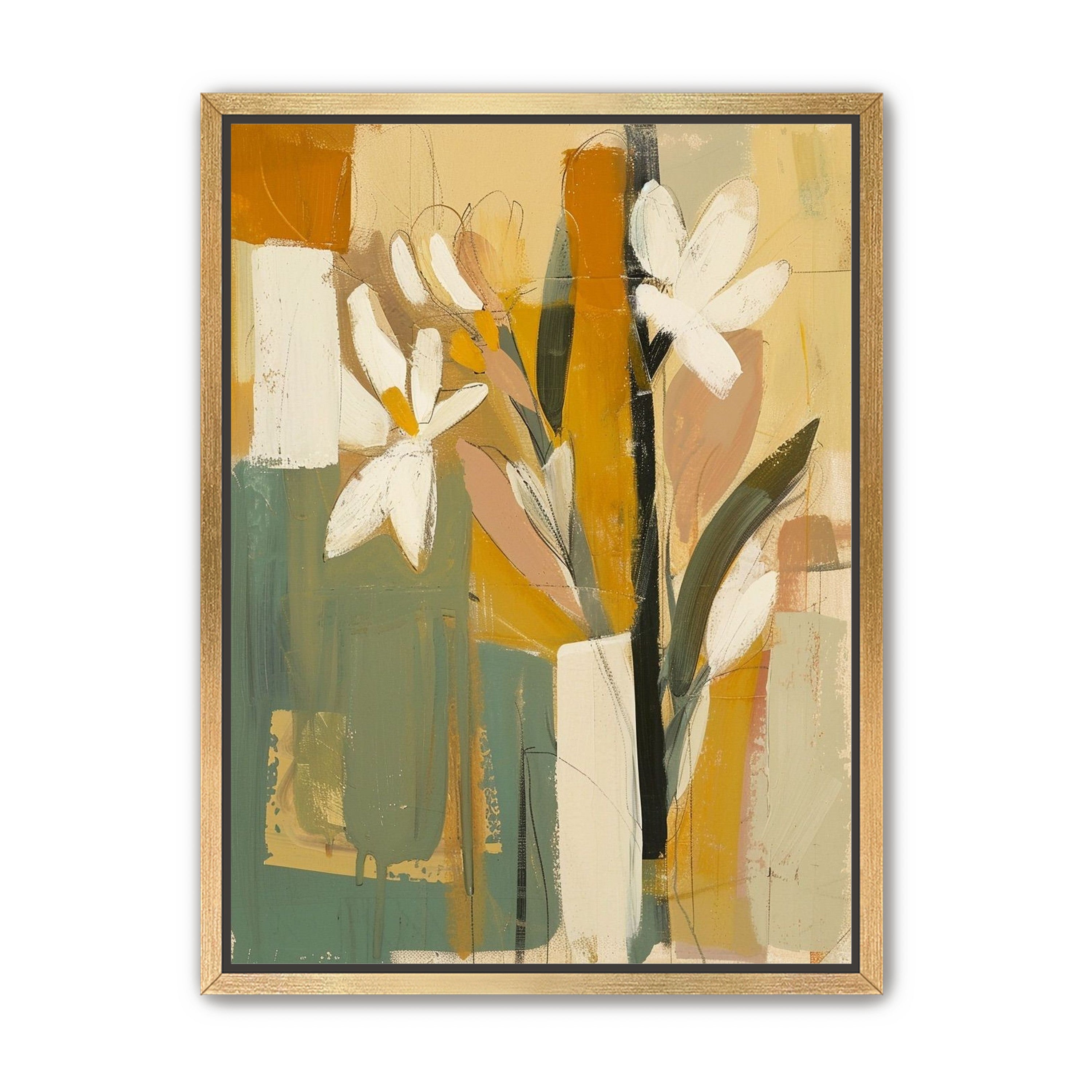 White flowers in ochre blocks