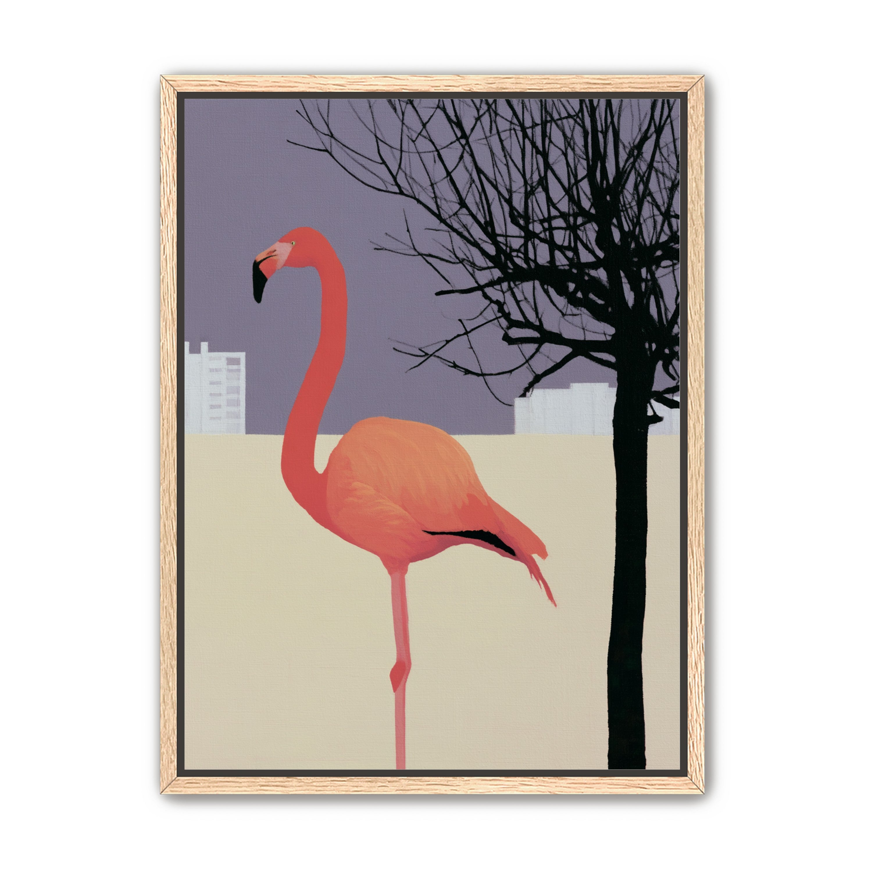 A flamingo beside the bare tree