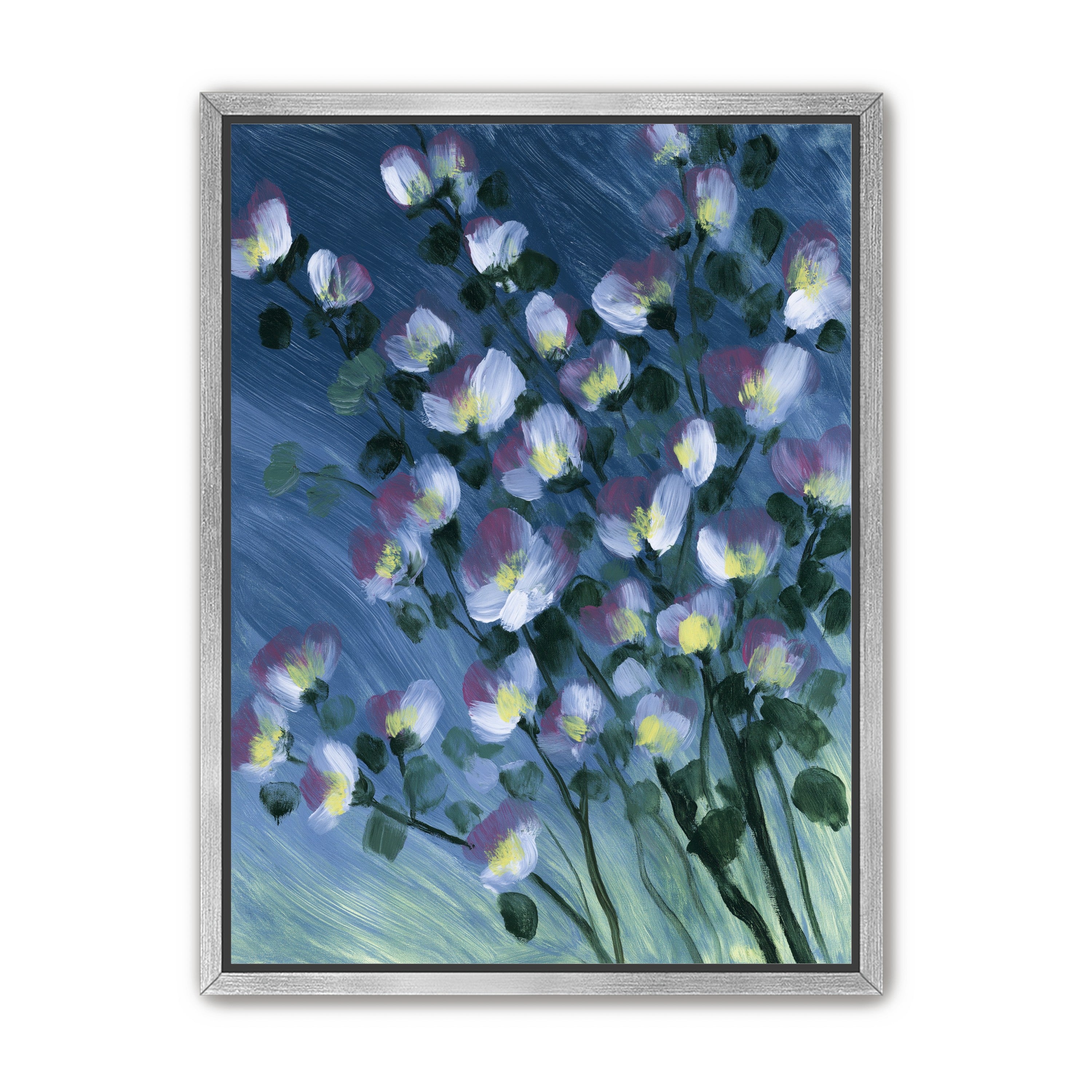 White blossoms on blue field
