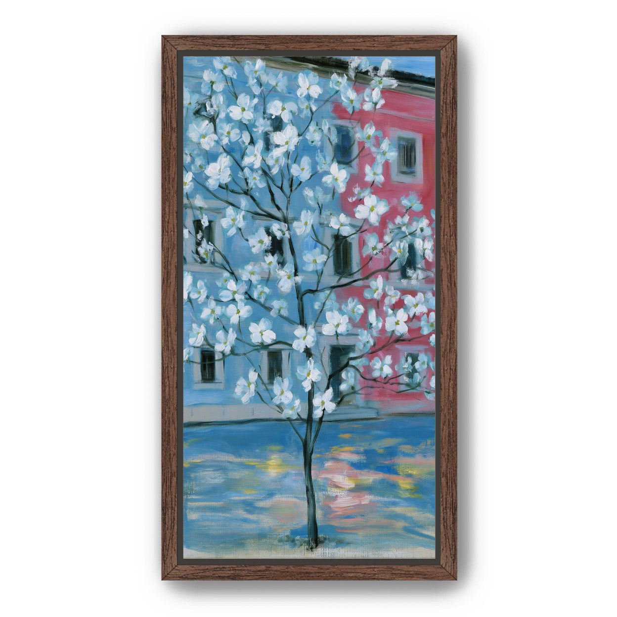 White blossoms across blue and pink