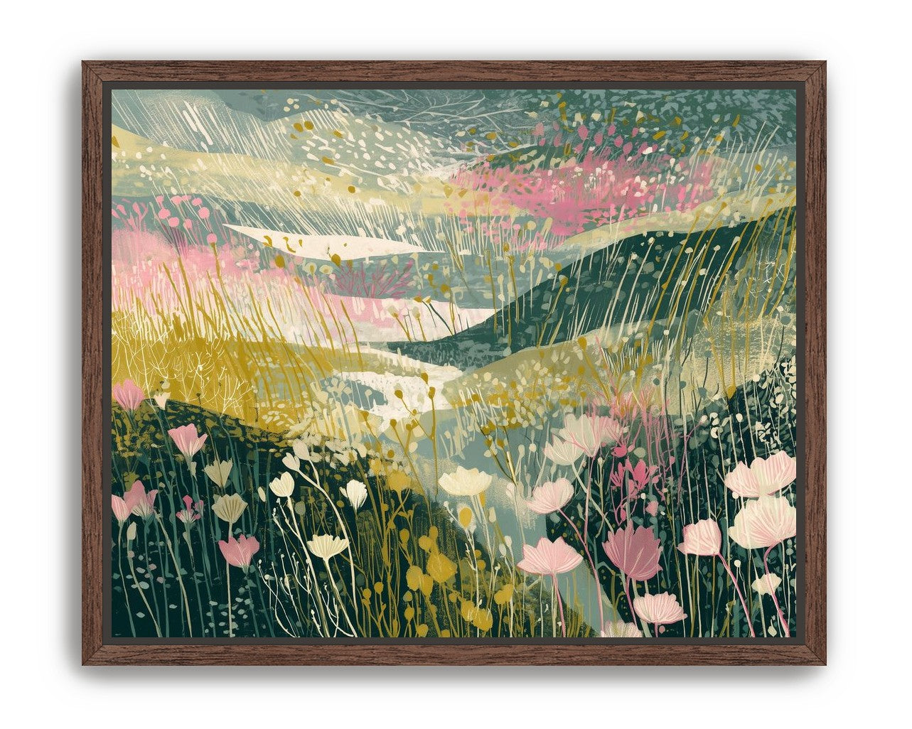 Wildflowers across layered hills