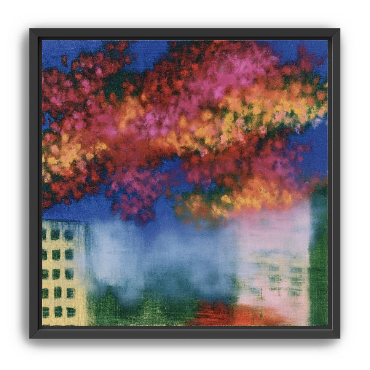 Trees above blurred windows