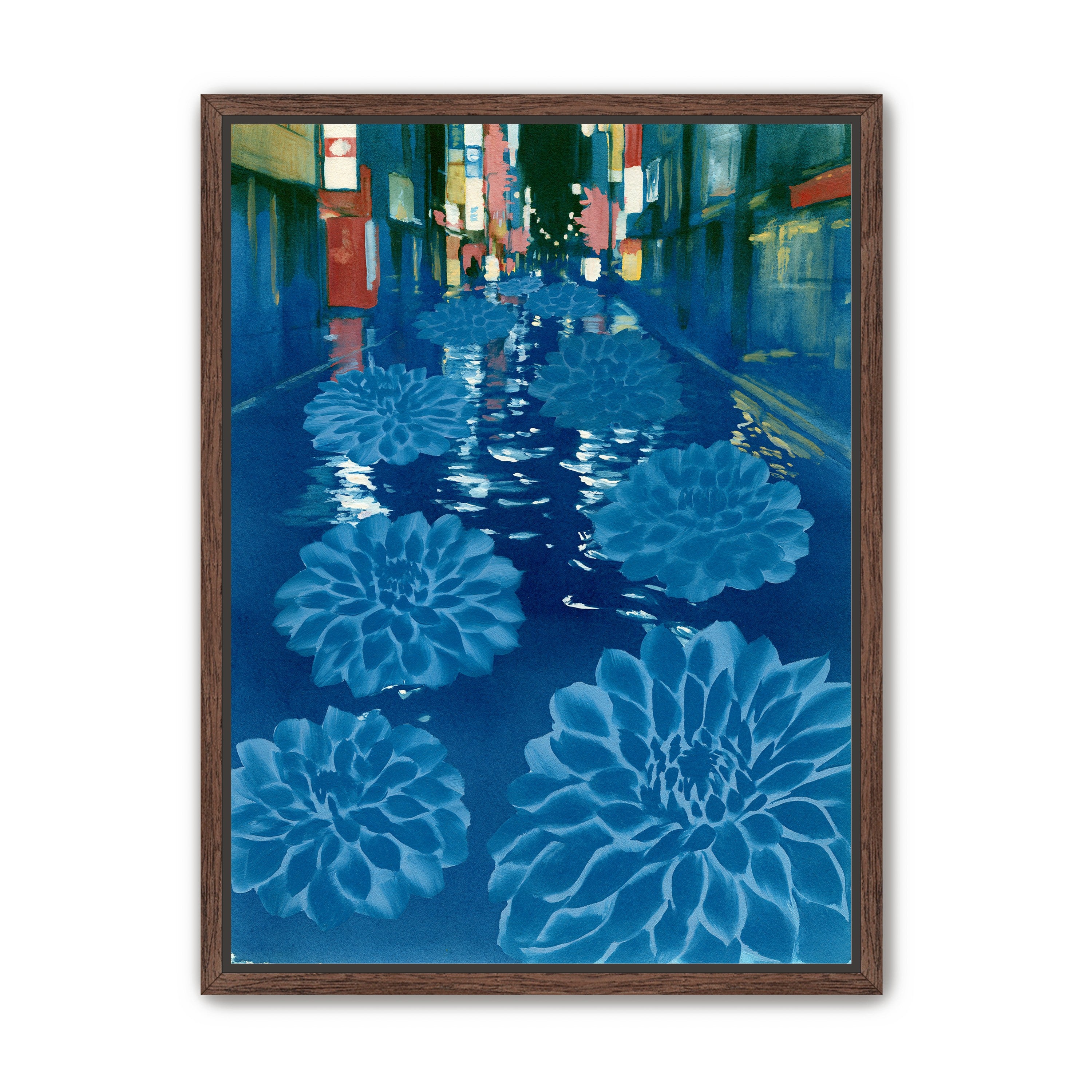 Neon spills into blue floodwater