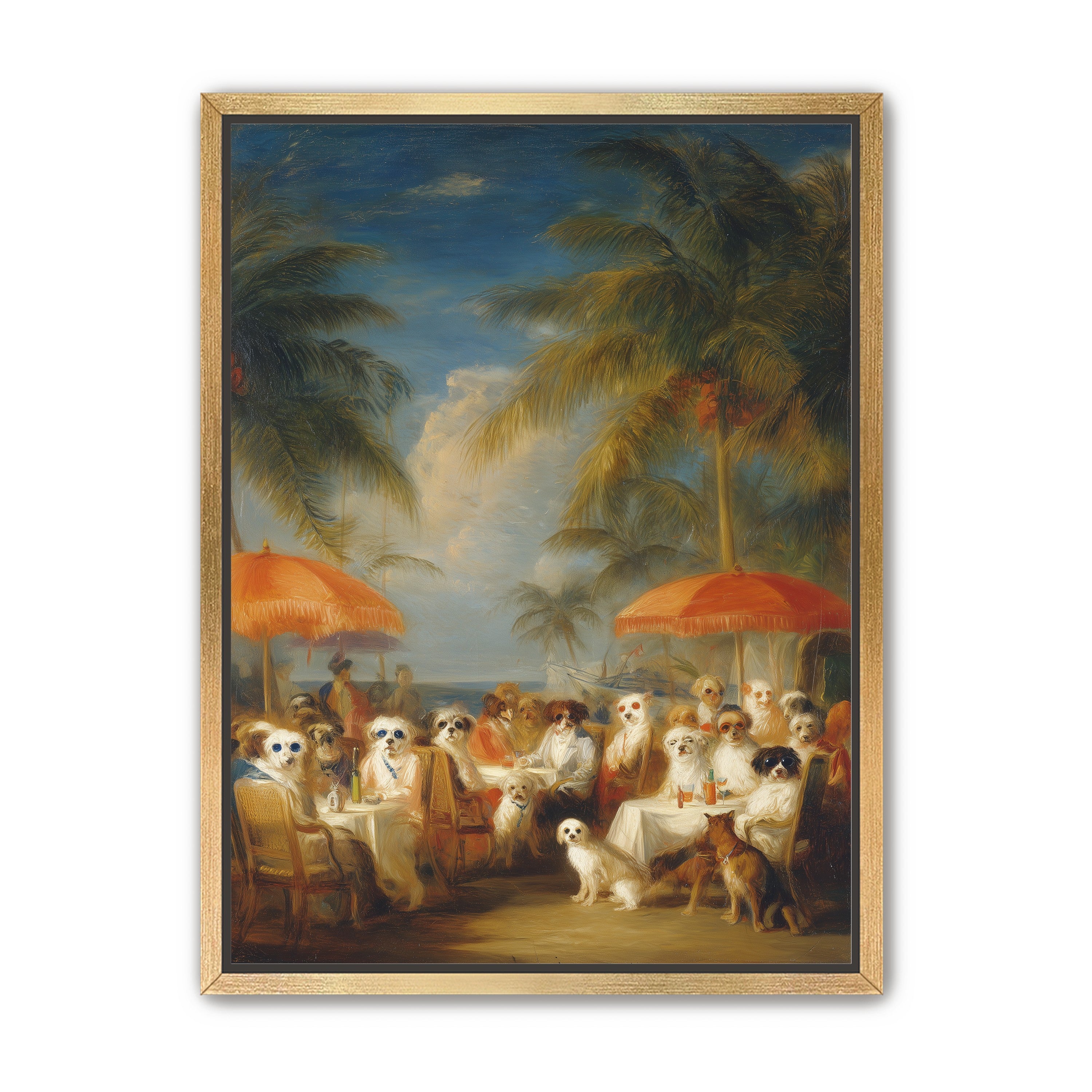 Dogs at seaside tables