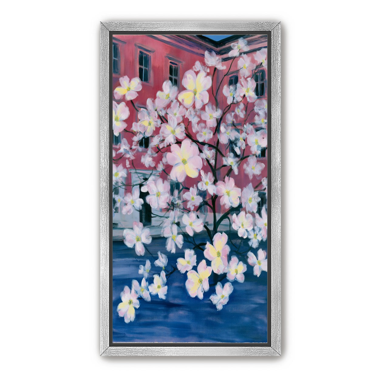 Blossoms across red windows