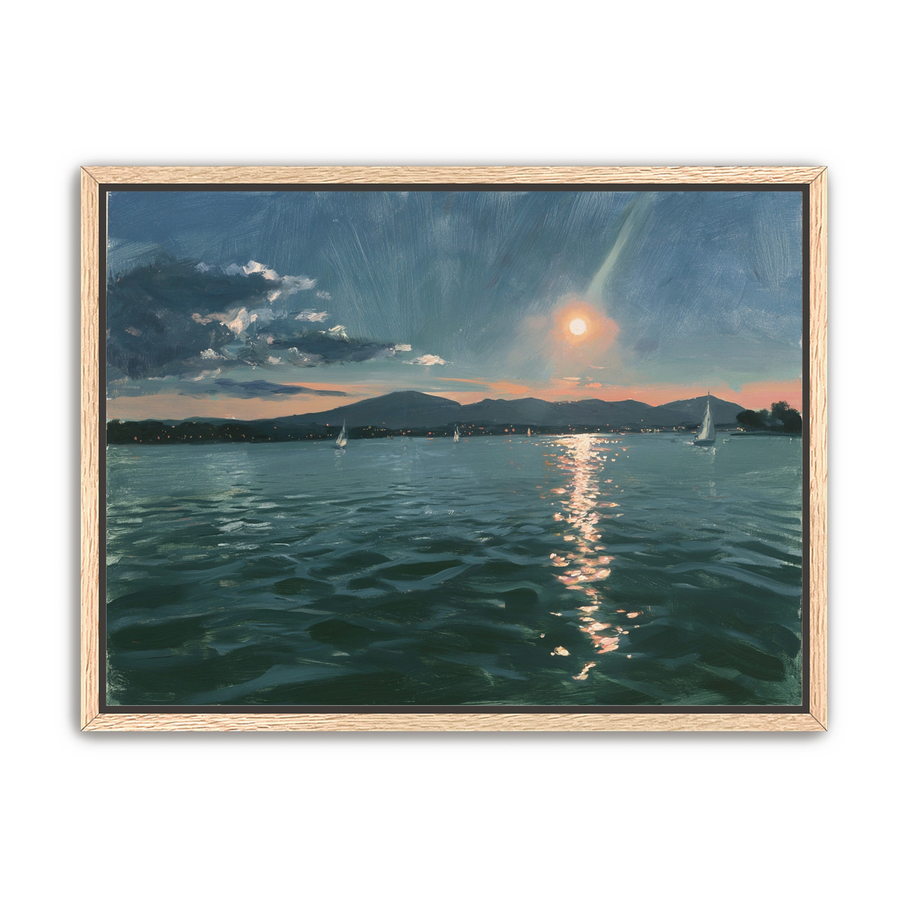 Peach sun on blue water