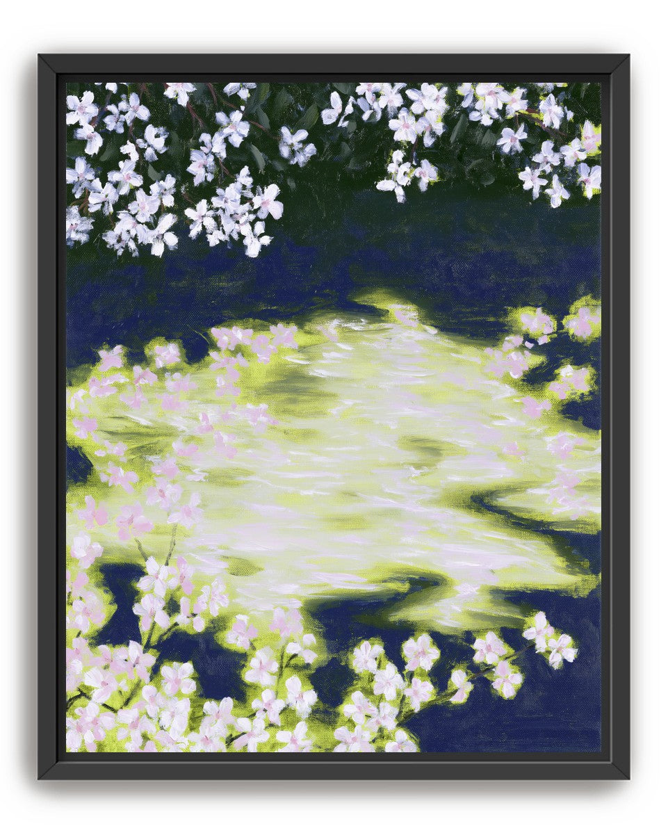 Petals crossing the bright water