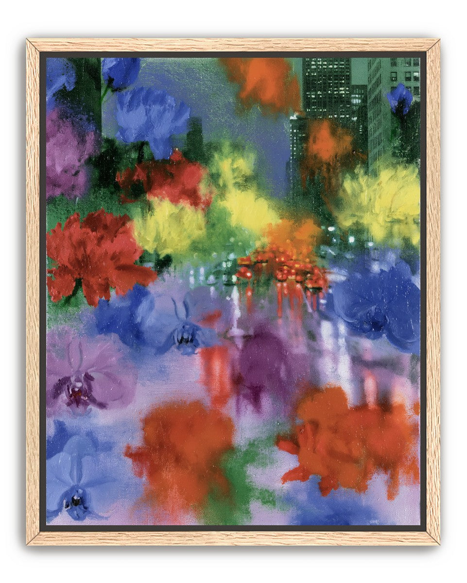 Neon traffic under painted blooms