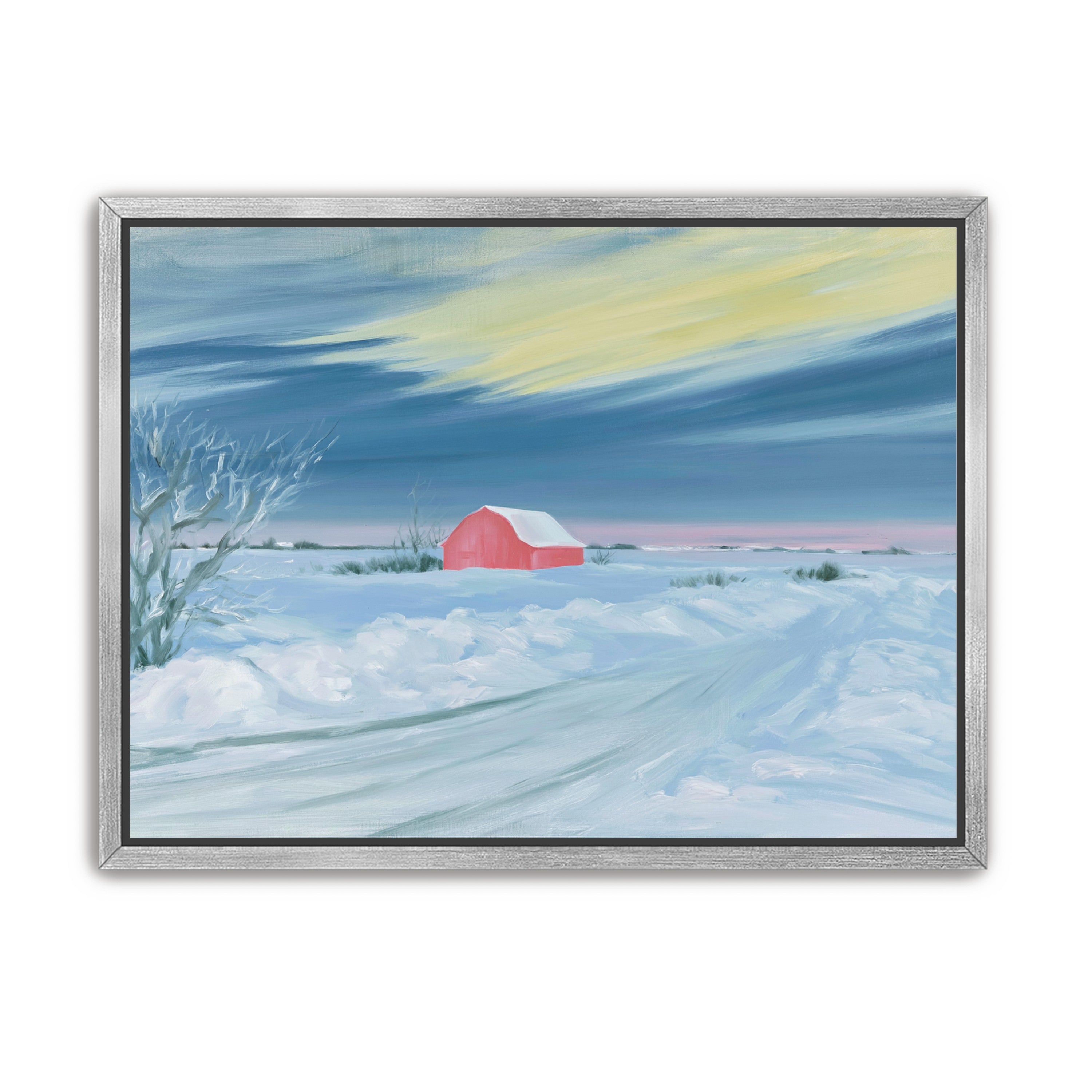 Red barn beneath winter sky