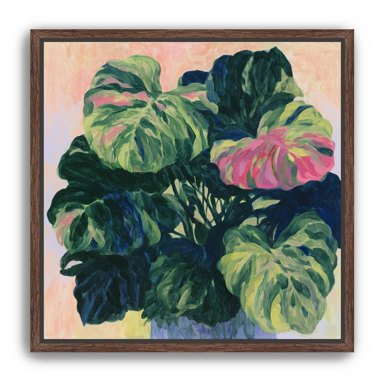 Pink light on green leaves