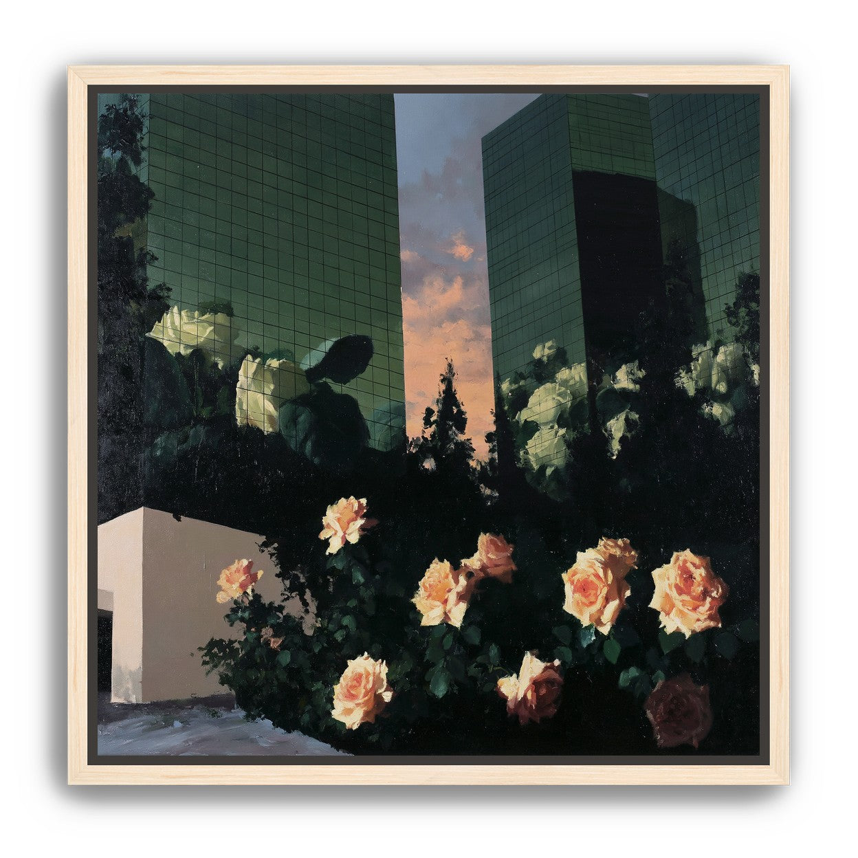 Roses under green towers