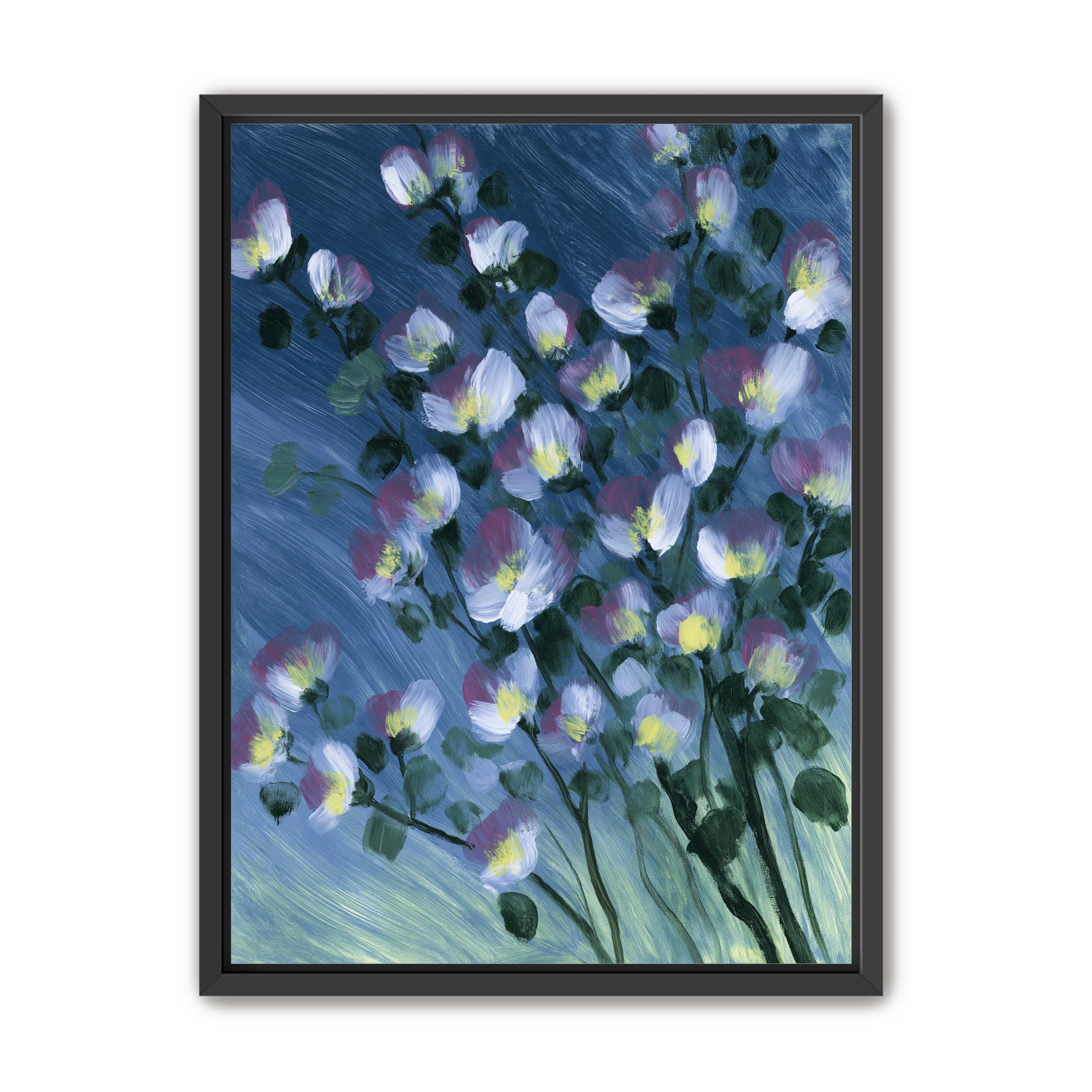 White blossoms on blue field