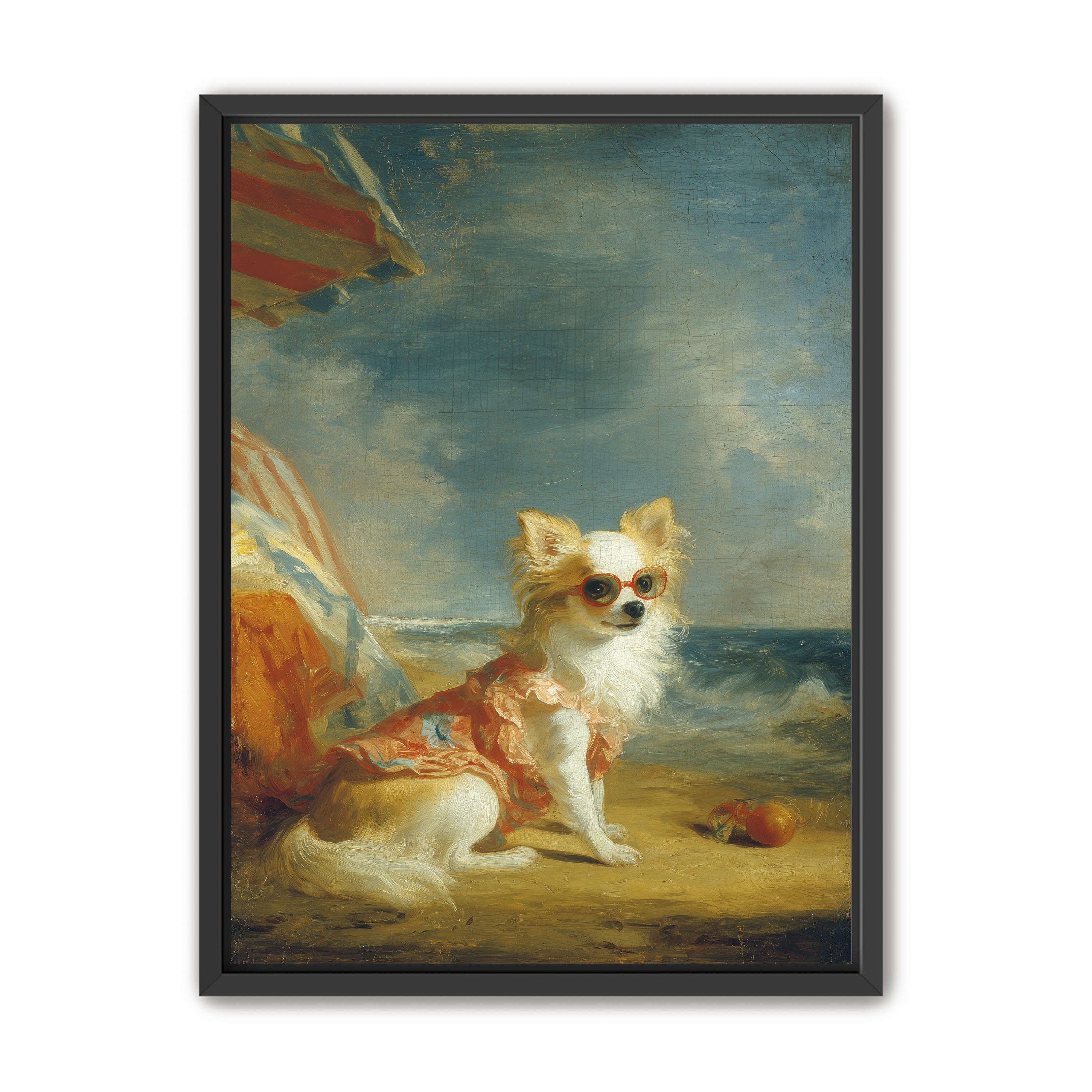Seaside dog in red sunglasses