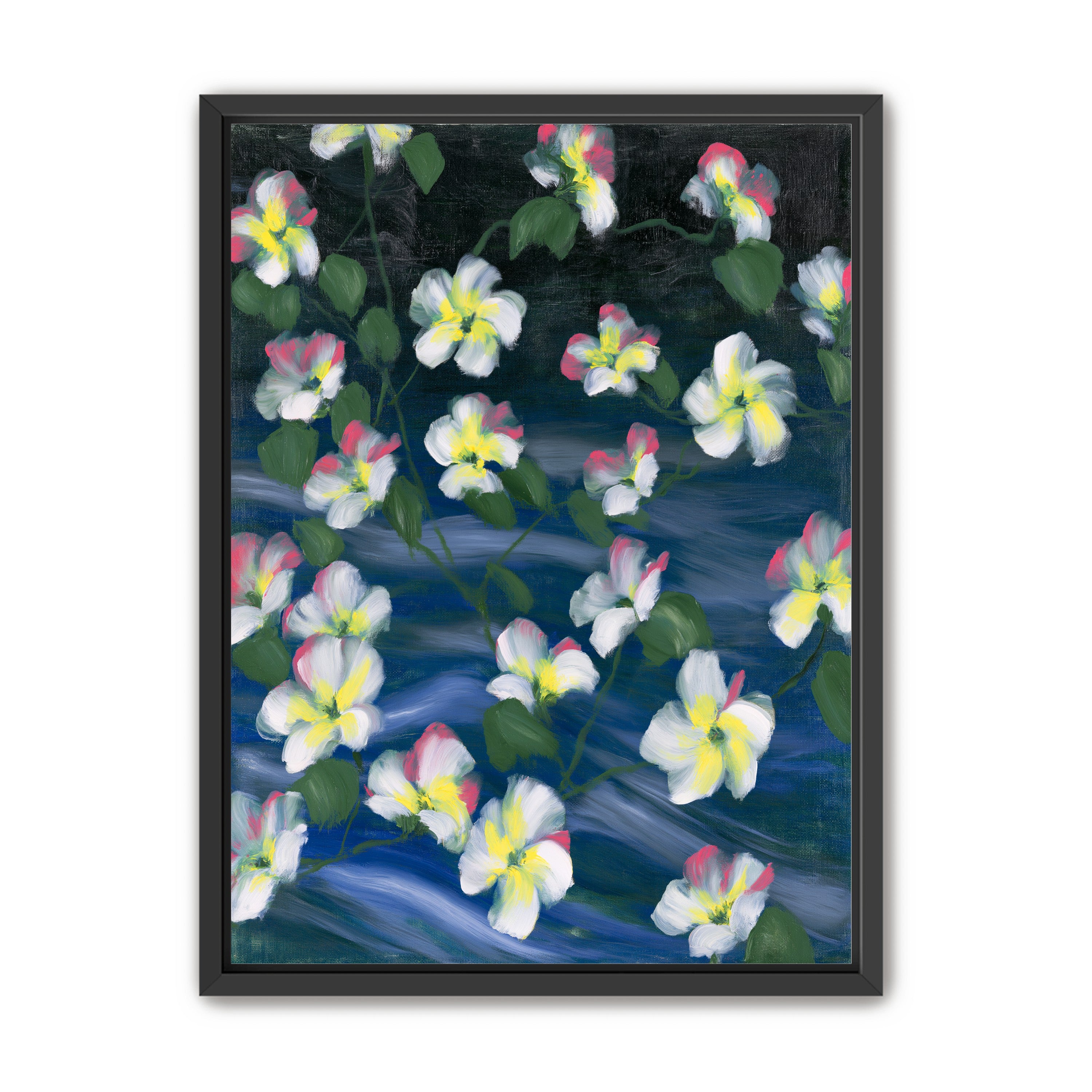 White flowers across deep blue