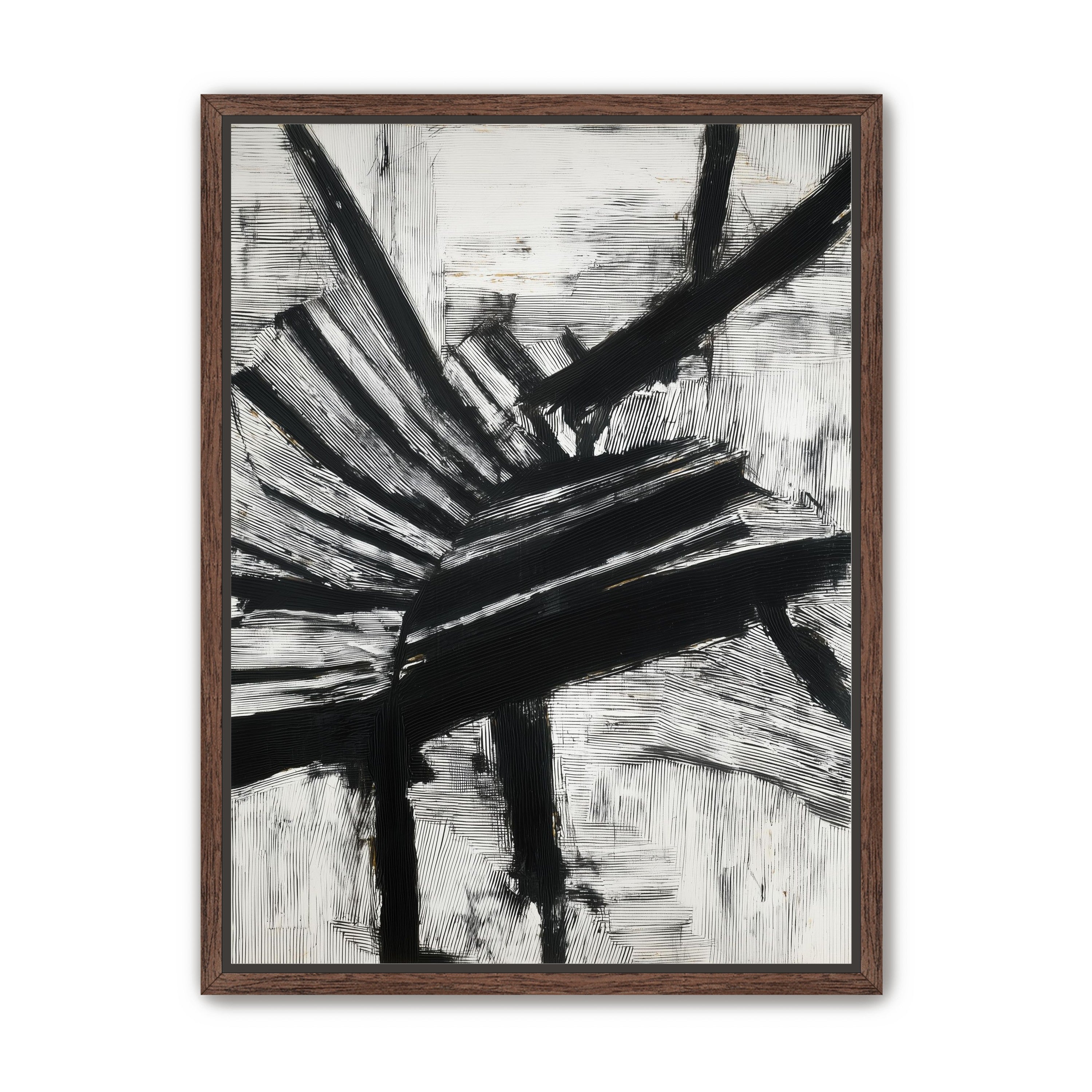 Non-Representational: Thick black brushstrokes cross and stack over a white surface filled with fine scratched lines.