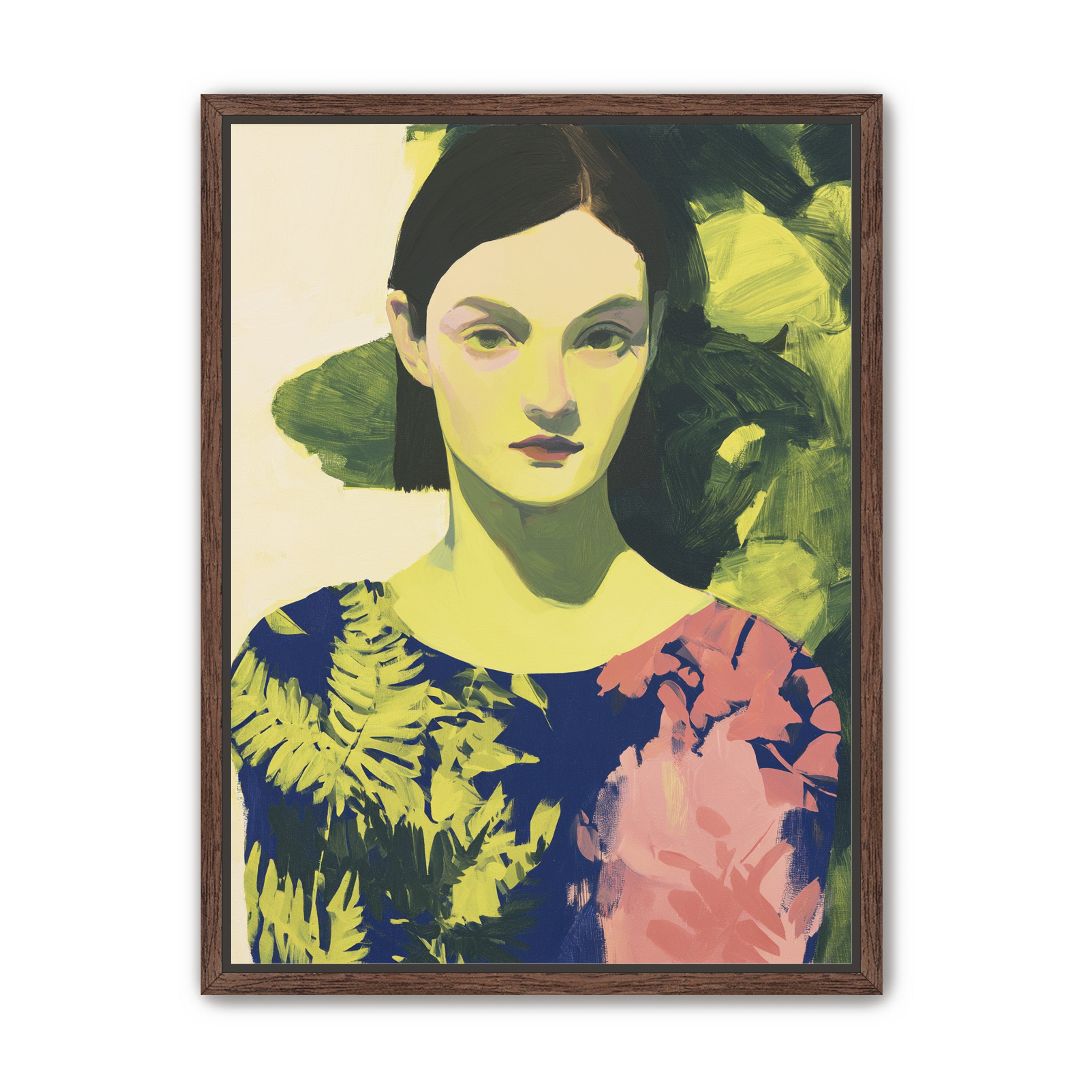 Green leaves behind her portrait