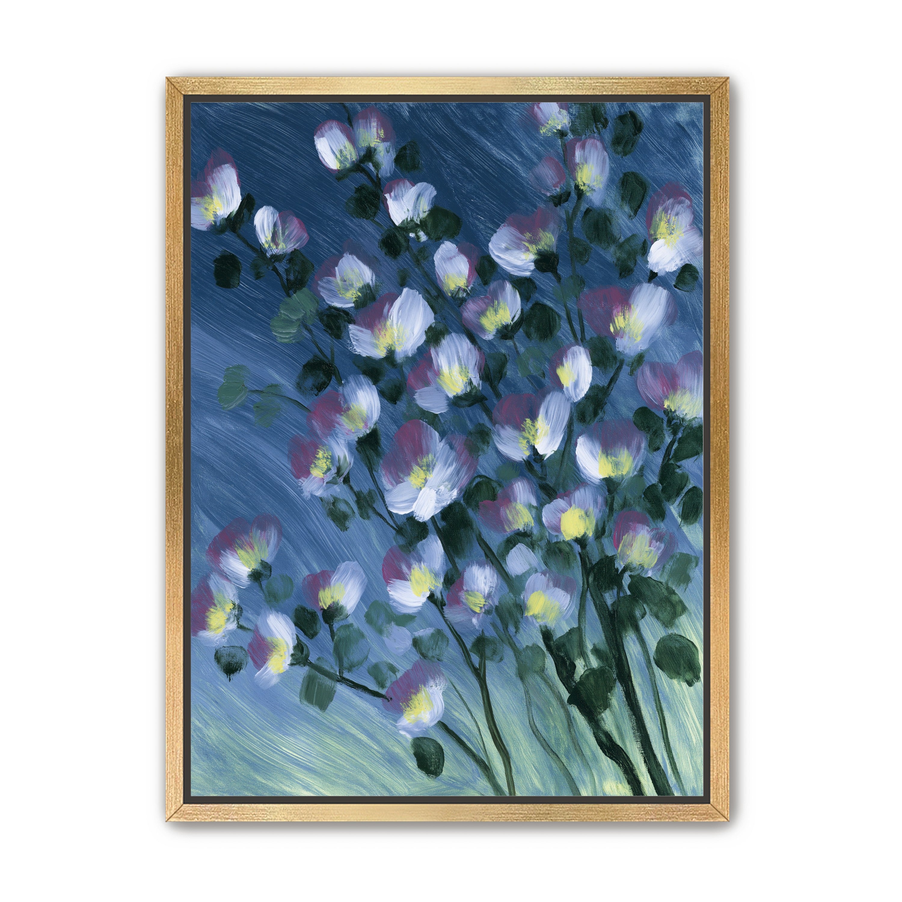 White blossoms on blue field