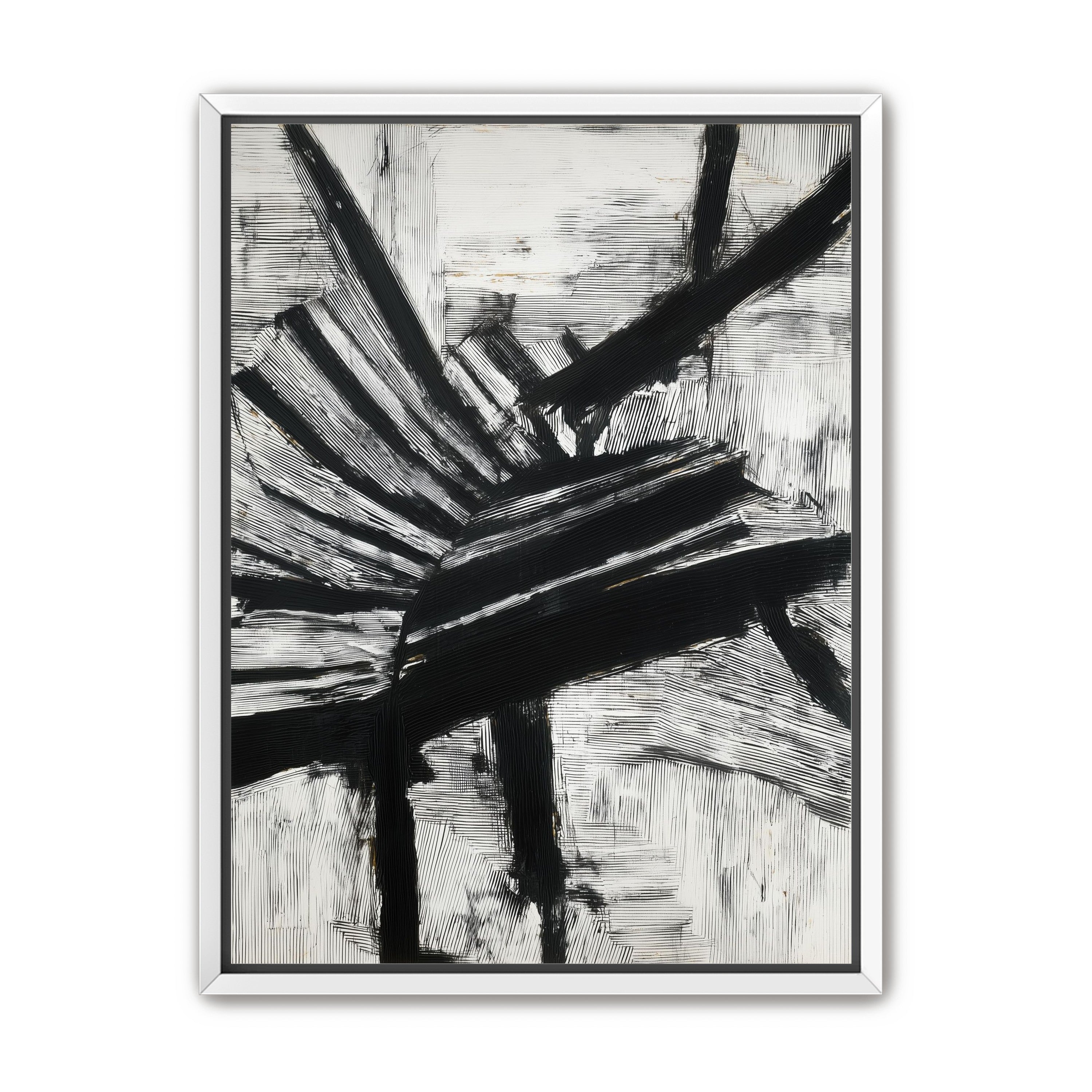 Non-Representational: Thick black brushstrokes cross and stack over a white surface filled with fine scratched lines.