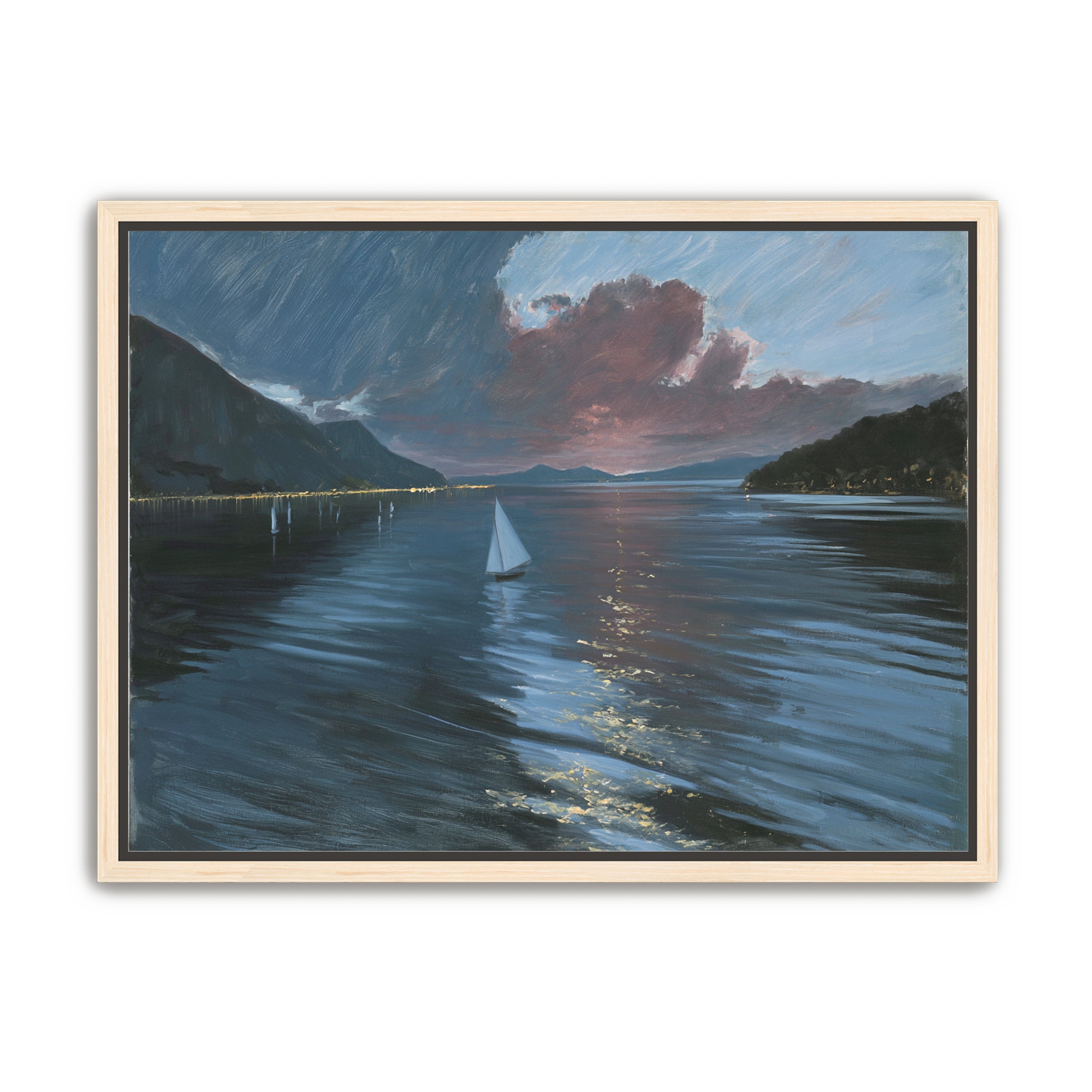 A sailboat beneath storm clouds