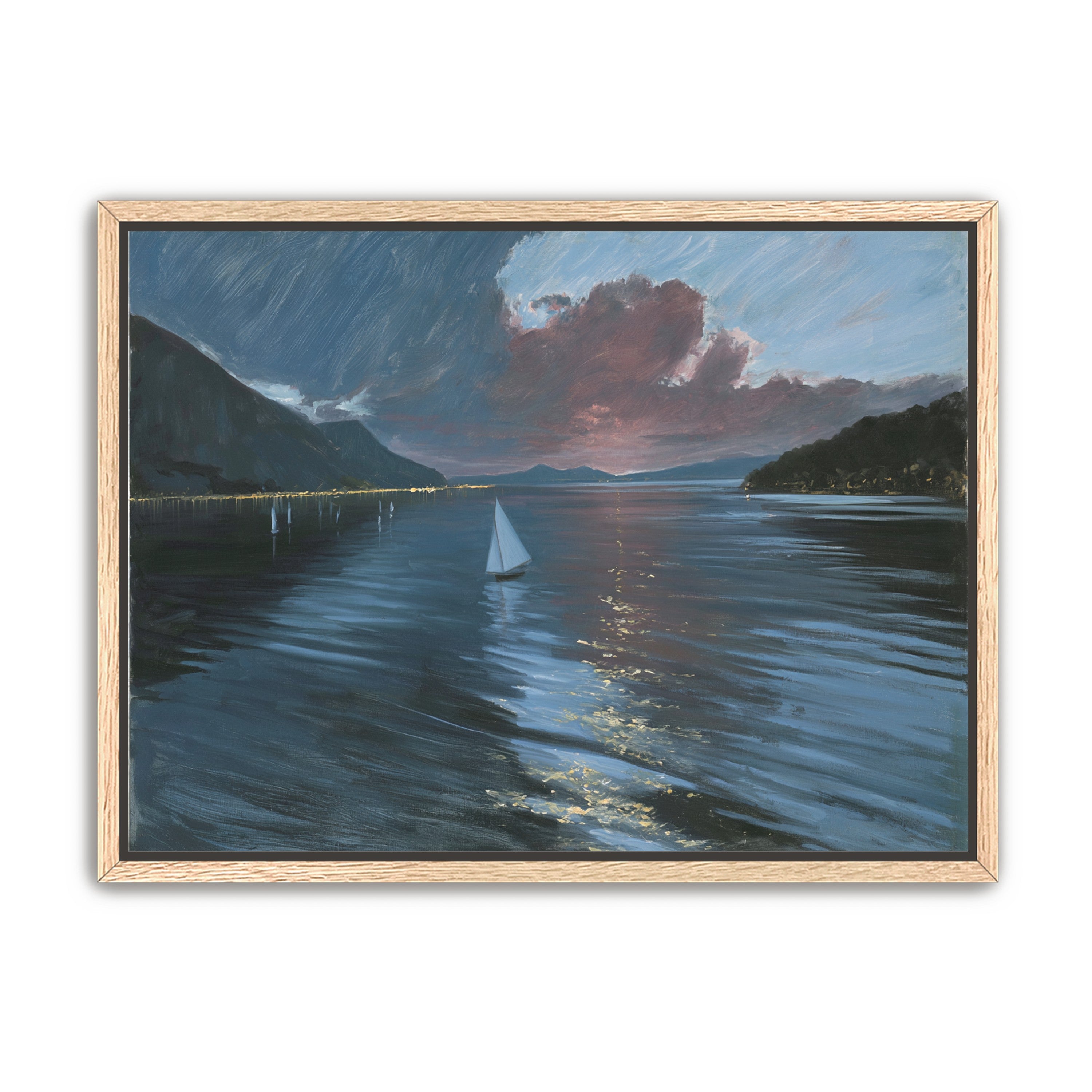 A sailboat beneath storm clouds