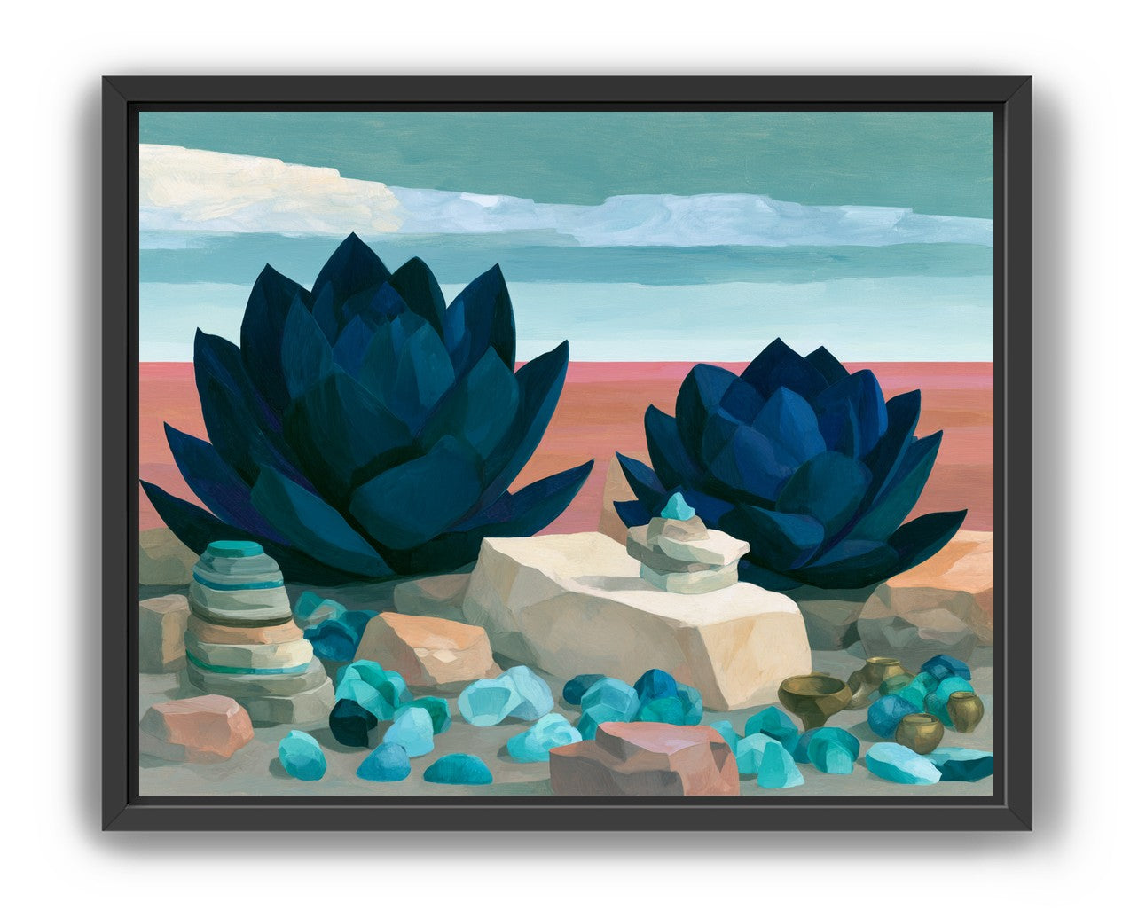 Deep blue blooms on coral ground
