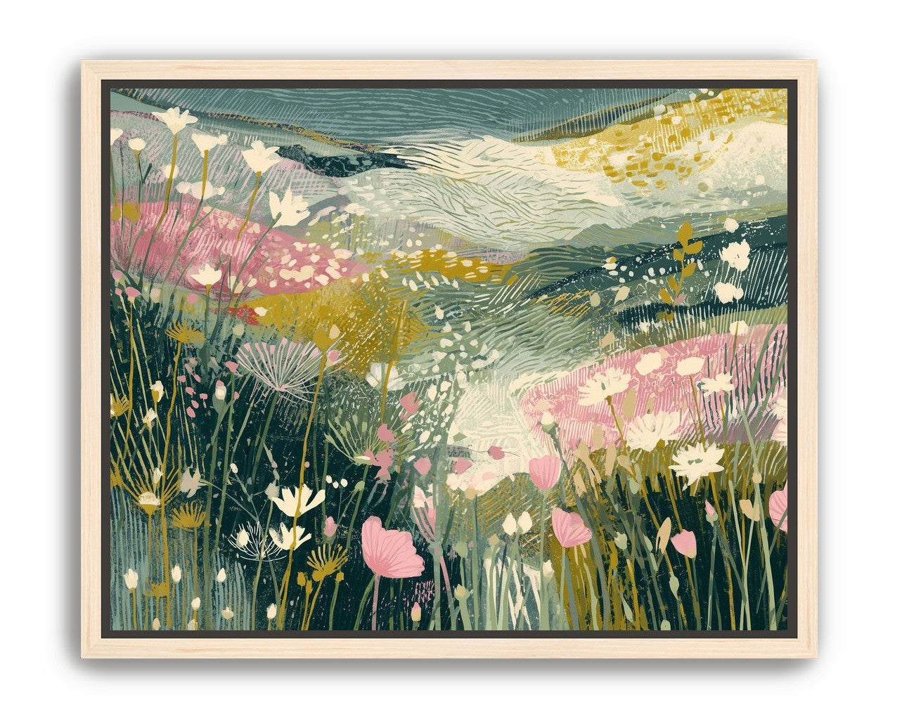 Teal sky over pink meadow