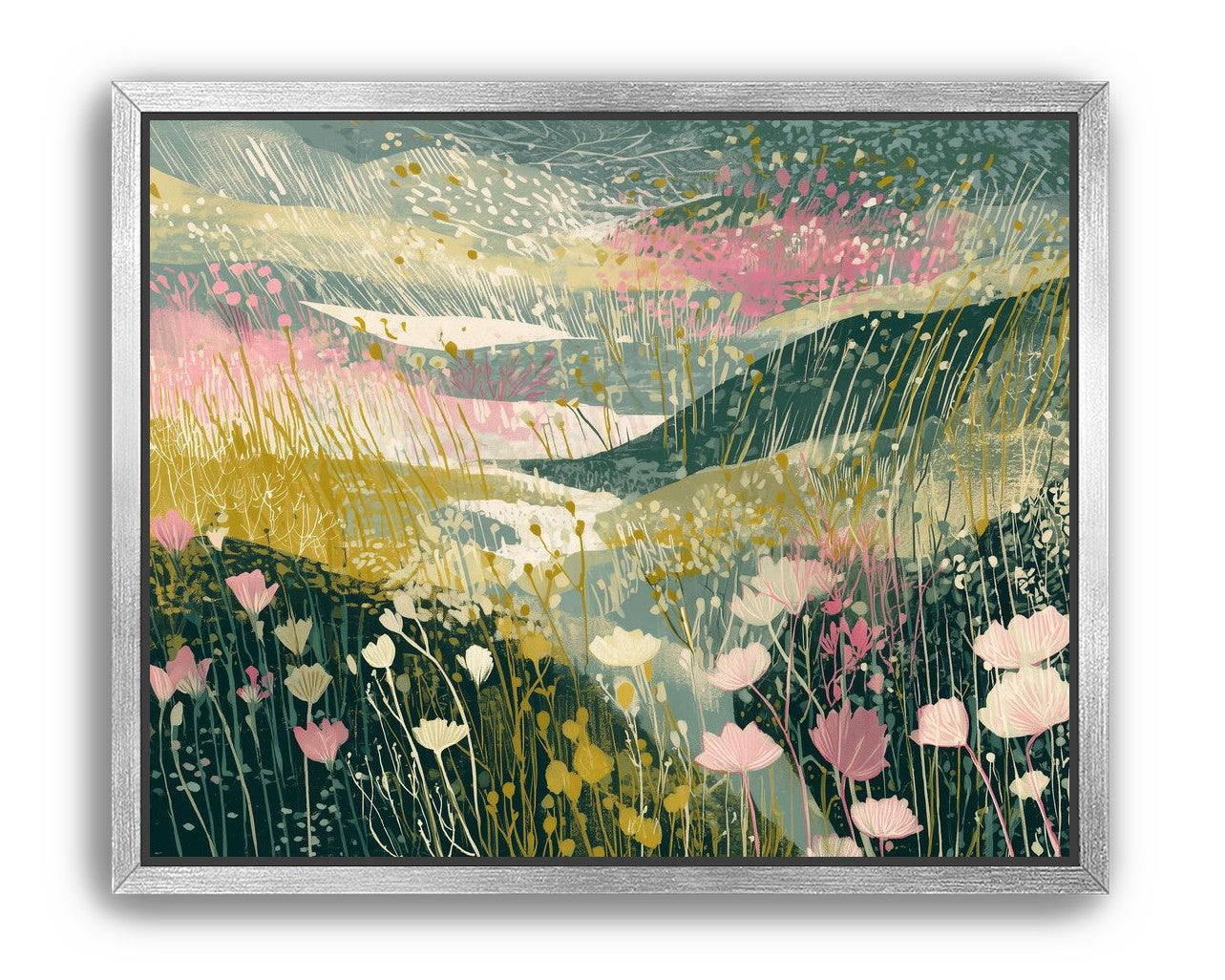 Wildflowers across layered hills
