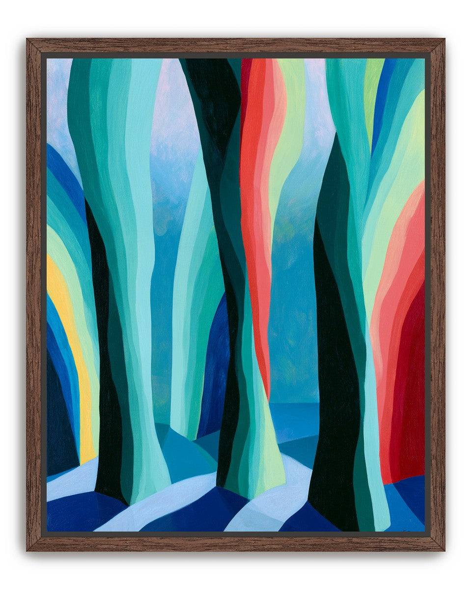 Between red trunks and blue shadows