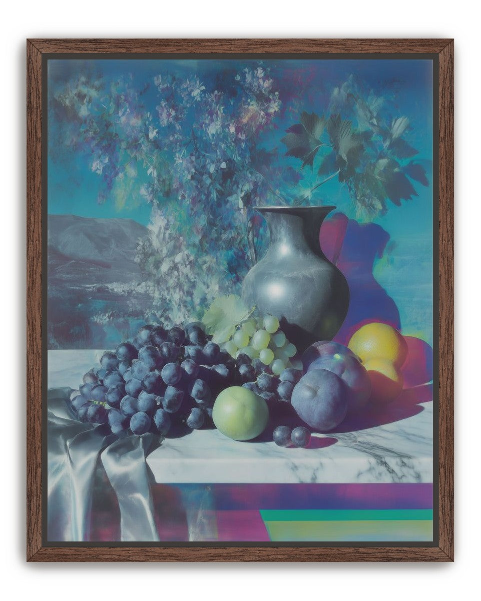 Vase and fruit in blue haze