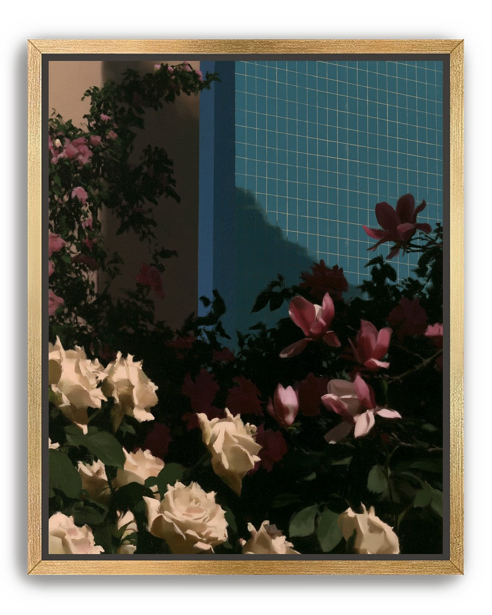 Flowers beneath the tiled wall