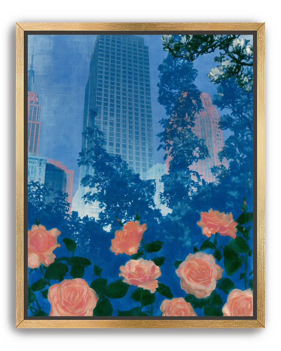 Pink roses below skyscrapers