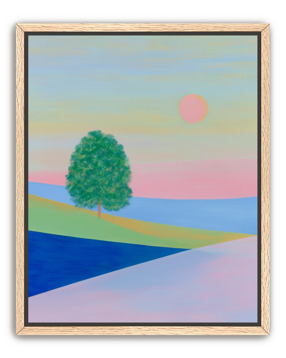 Pink sun over striped hills