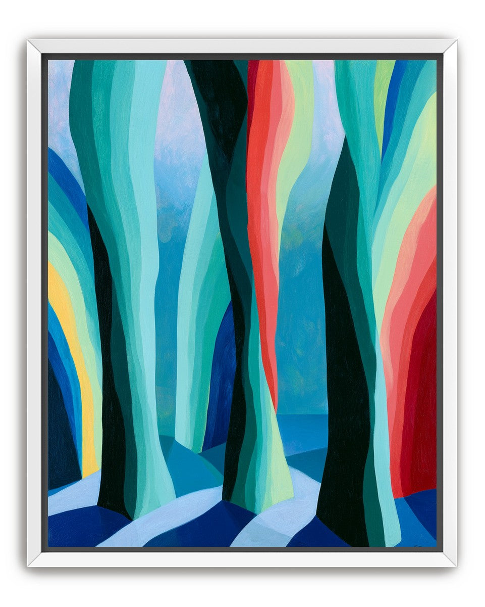 Between red trunks and blue shadows